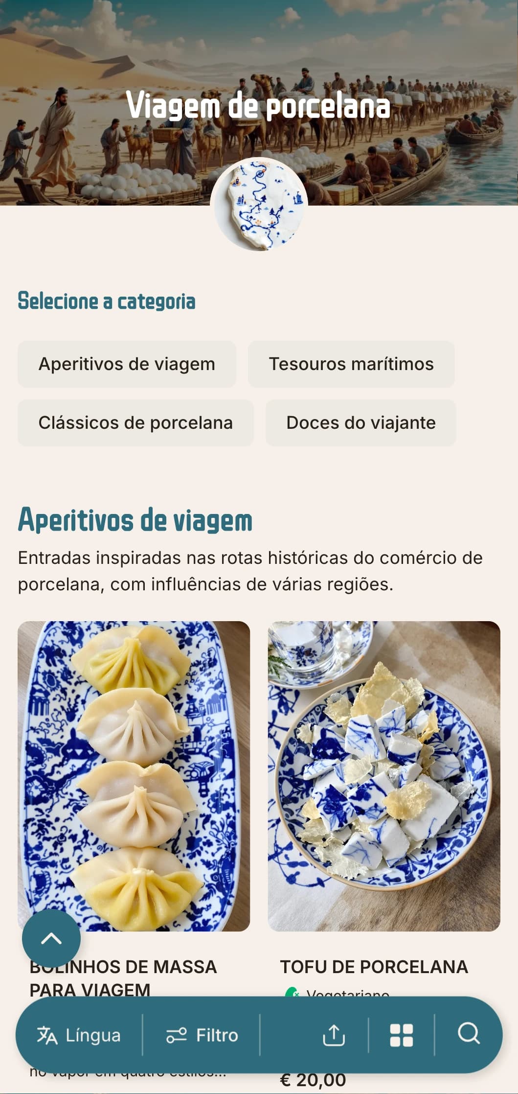 Design elegante do cardápio chinês inspirado nas rotas comerciais de porcelana, com elementos históricos para uma culinária autêntica.