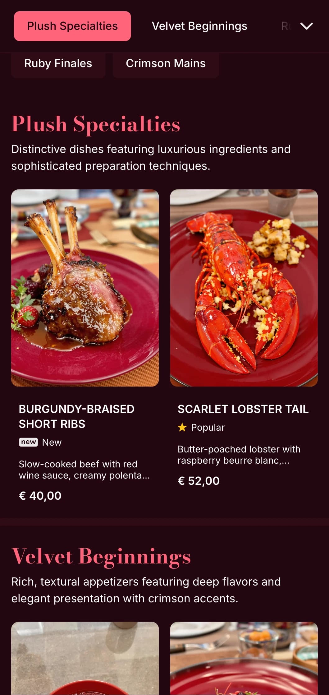A rich, velvety dinner menu featuring deep red tones and subtle texture, designed for intimate fine dining experiences.