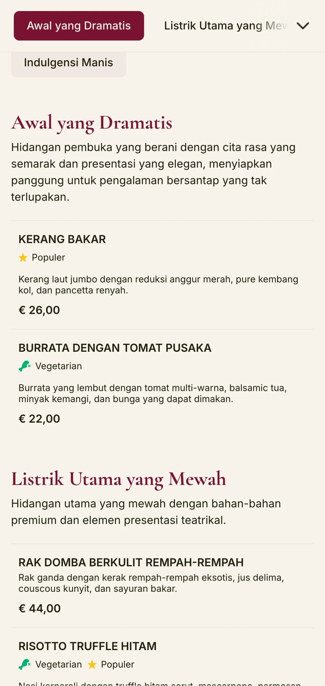 Menu makan malam yang berani dan dramatis yang menampilkan warna merah tua dan elemen mewah, dirancang untuk tempat makan kelas atas dengan sentuhan teatrikal.