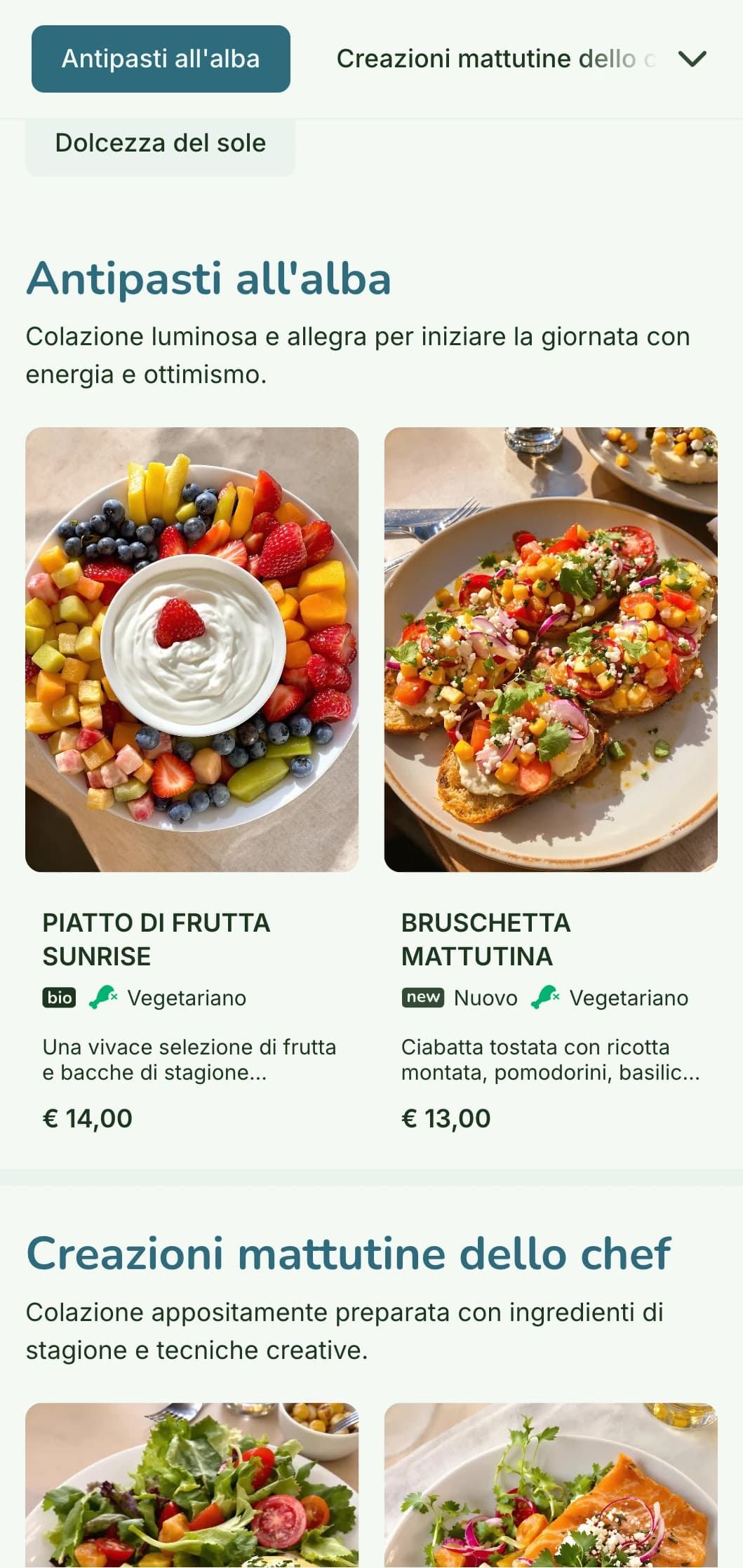 Menu per la colazione luminoso e allegro, con ingredienti freschi e colorati in un ambiente bistrot informale ma raffinato.