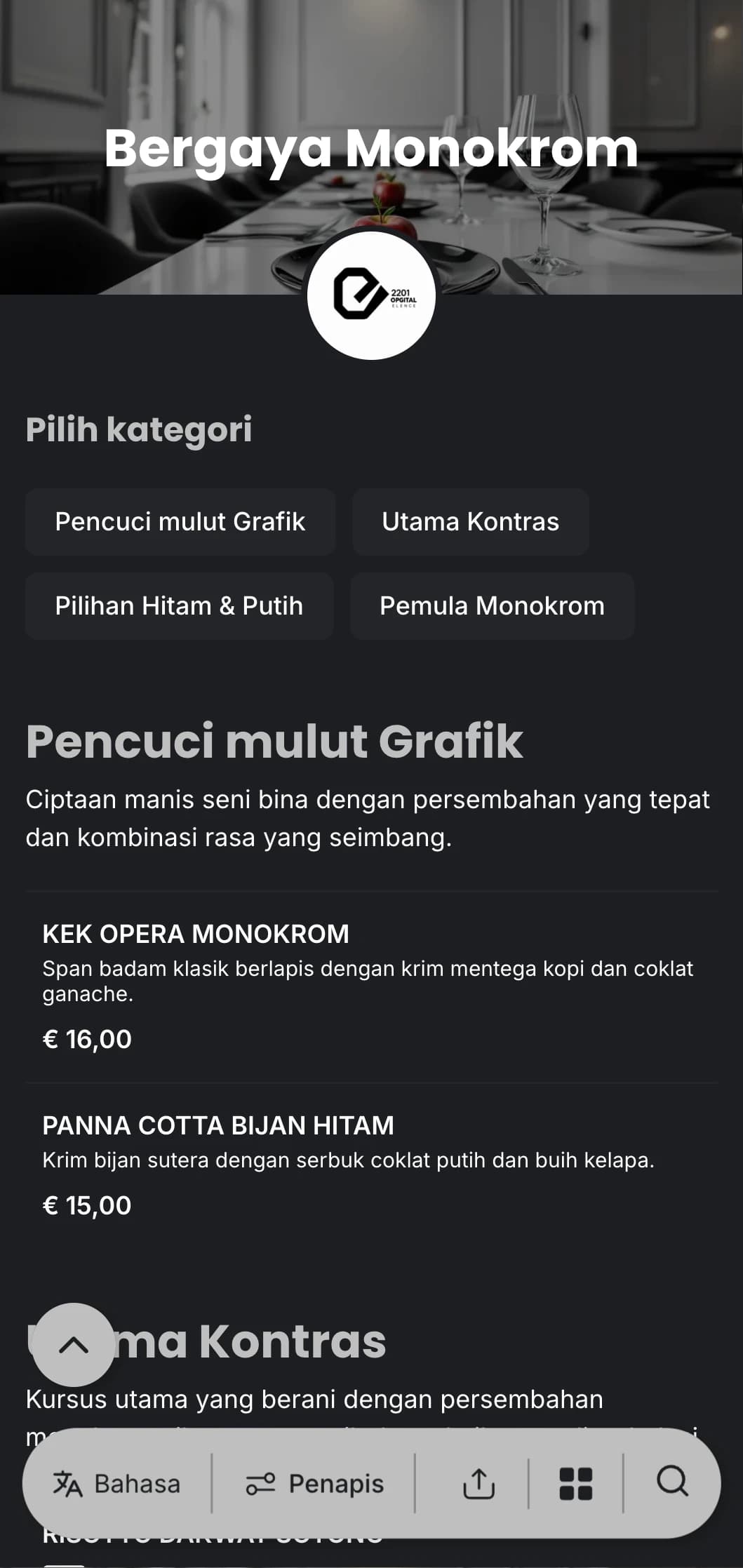 Menu makan malam hitam putih yang canggih dengan tipografi tebal dan garis yang bersih, direka untuk santapan mewah kontemporari.