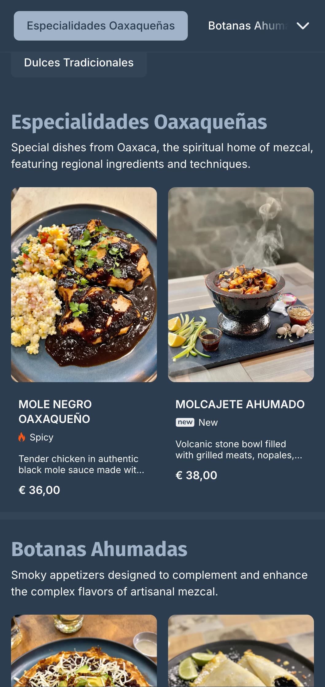 Mysterious and sophisticated mezcal bar menu featuring smoky blue-gray tones, artisanal spirits, and traditional Oaxacan accompaniments.
