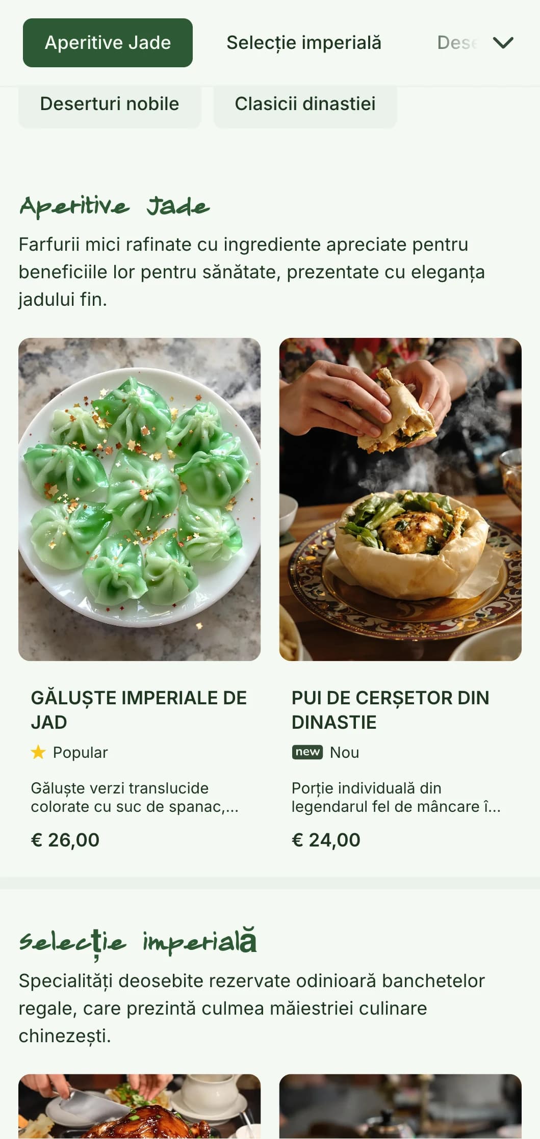 Design elegant de meniu chinezesc cu motive de jad și elemente inspirate din dinastie pentru restaurante de lux și servicii de banchet.