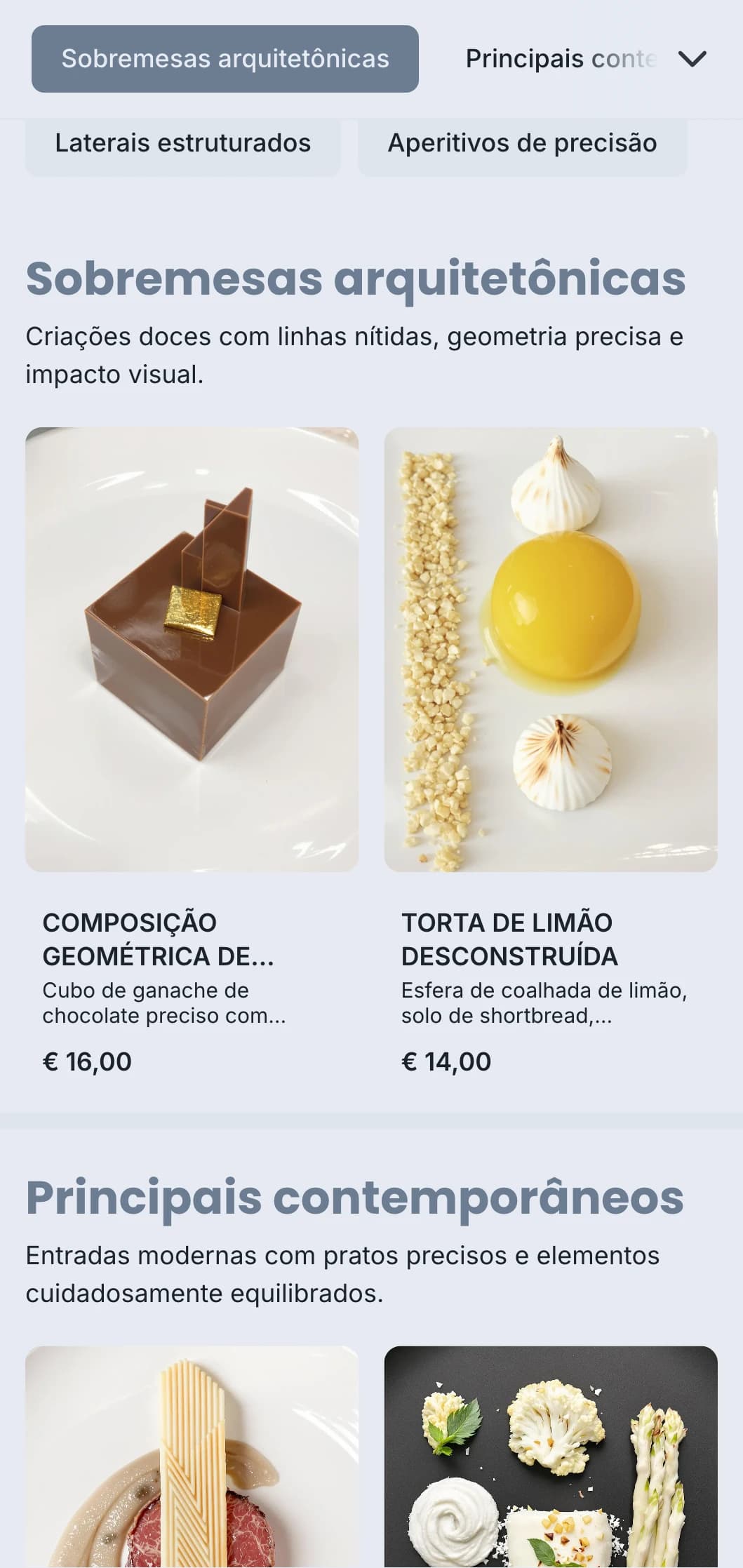 Design de bufê limpo e estruturado com pratos geométricos, porções precisas e esquemas de cores monocromáticas para eventos contemporâneos.