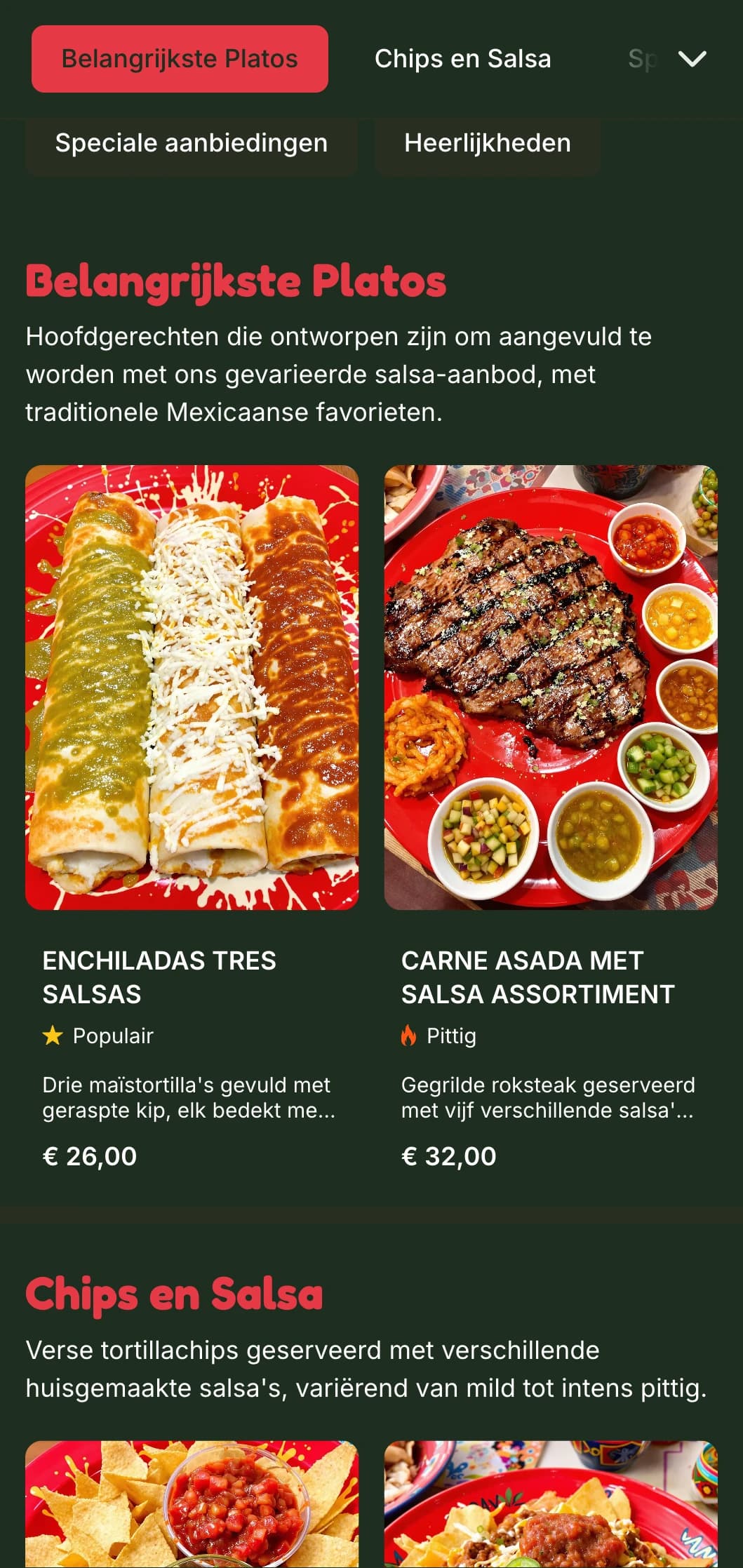 Levendig en aanpasbaar menu gericht op diverse Mexicaanse salsa's met felrode accenten, kruidniveaus en aanvullende gerechten.