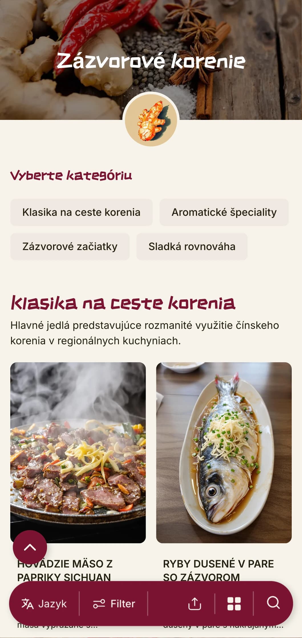Živý dizajn čínskeho menu inšpirovaný tradíciami zázvoru a korenia s výraznými prvkami autentickej regionálnej kuchyne.