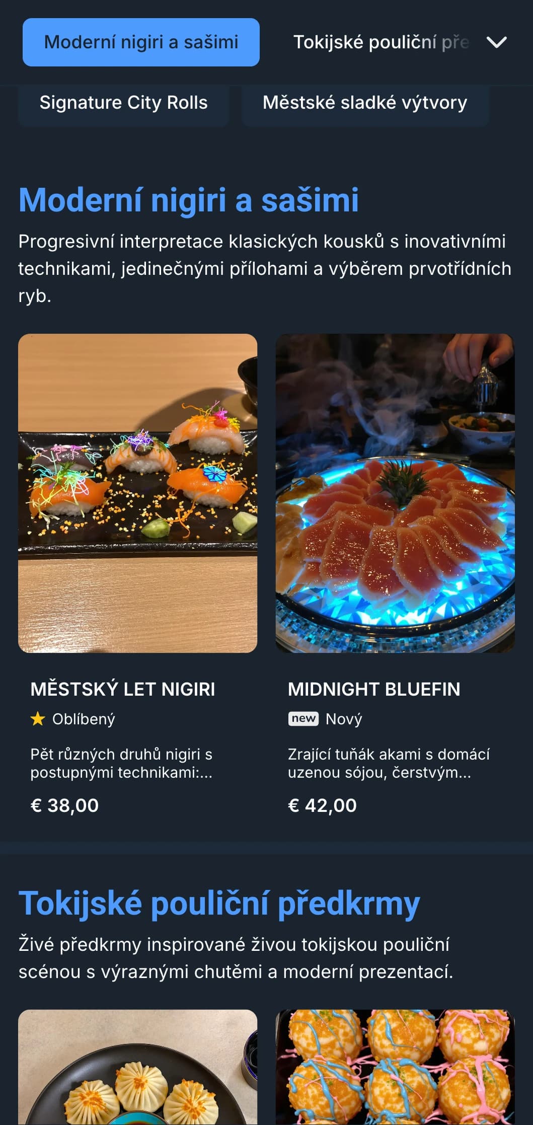 Odvážné, moderní menu sushi s dramatickou estetikou inspirovanou noční atmosférou, se zářivě modrými akcenty na tmavě uhelném pozadí.