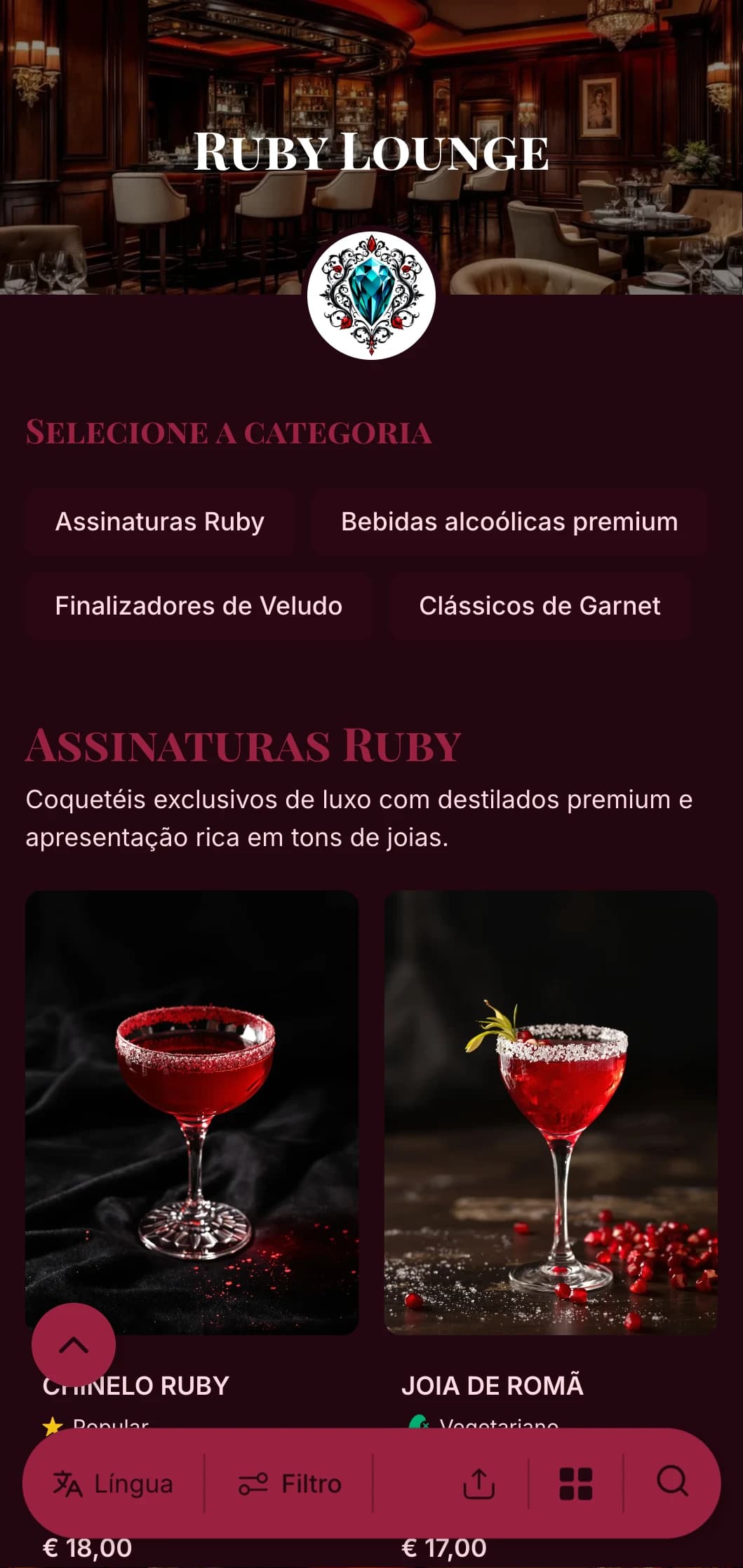 Um design luxuoso, em tons de joias, para bares de coquetéis e lounges de luxo, com ricos detalhes em rubi e tipografia elegante.