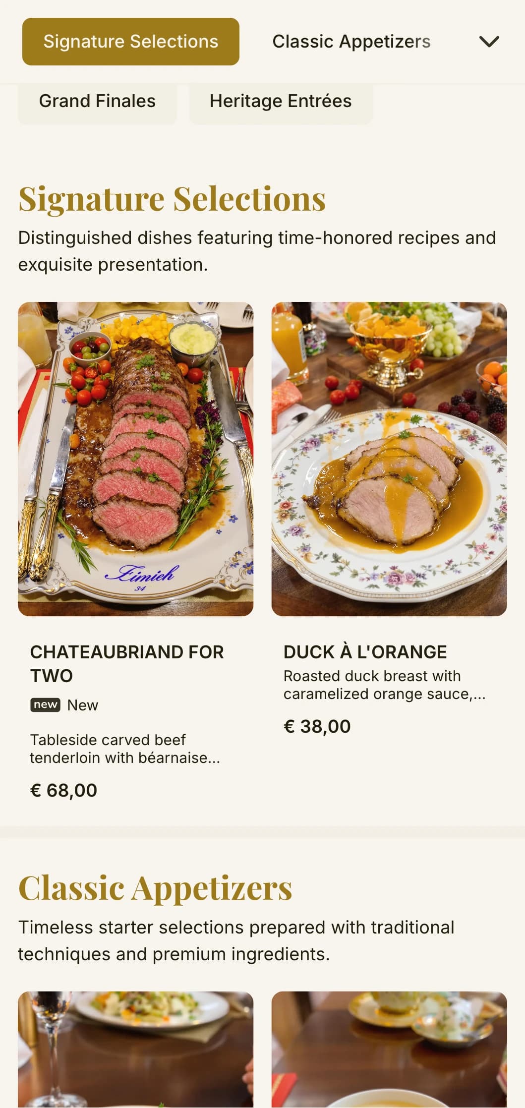 A timeless dinner menu design with classical typography and gold accents, perfect for fine dining establishments with rich culinary traditions.