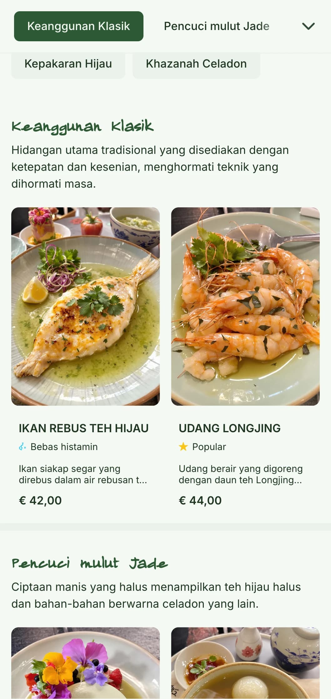 Reka bentuk menu Cina halus yang diilhamkan daripada tembikar celadon, dengan corak elegan untuk pengalaman makan yang canggih.