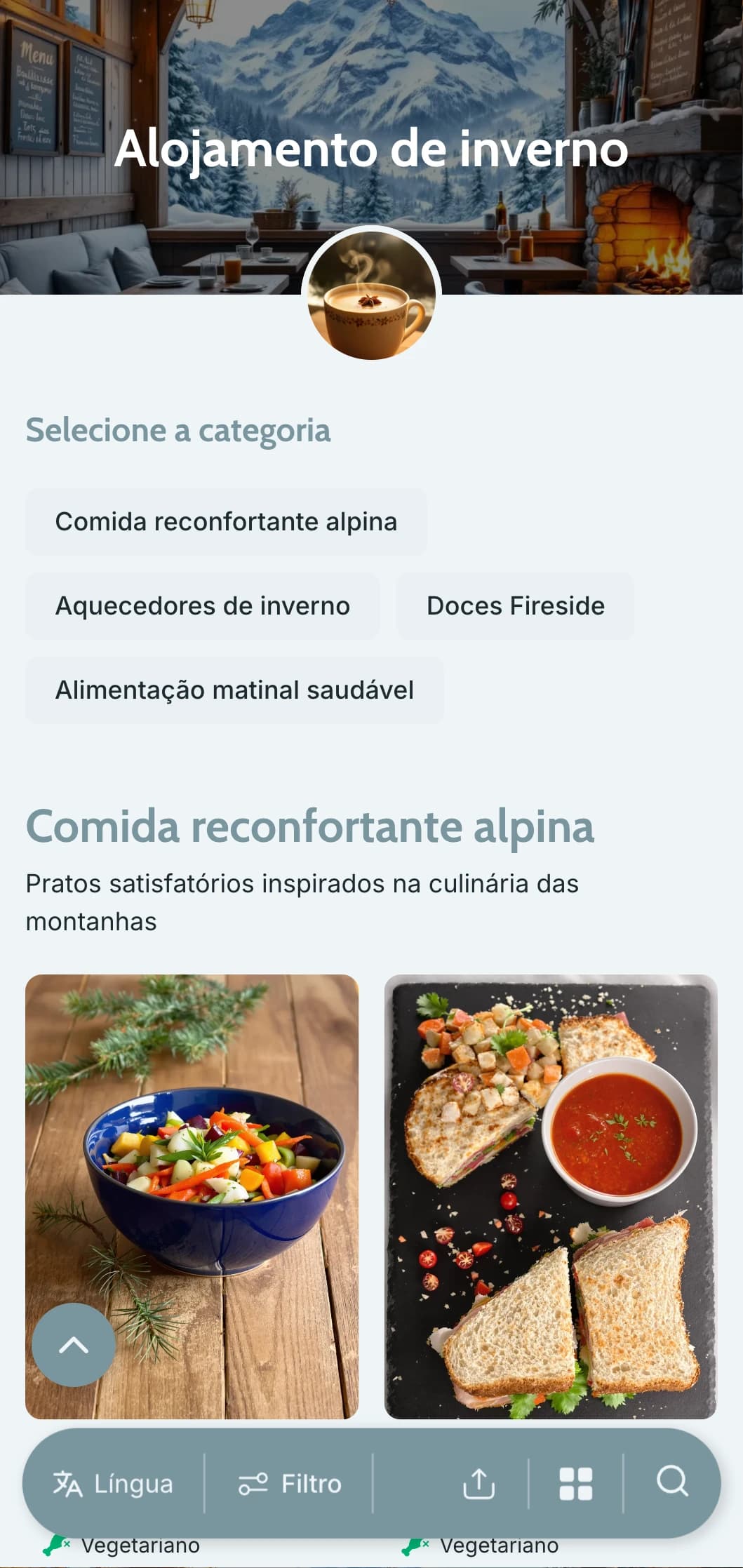 Design legal em azul e cinza com elementos de inverno para cardápios sazonais e cafés nas montanhas.