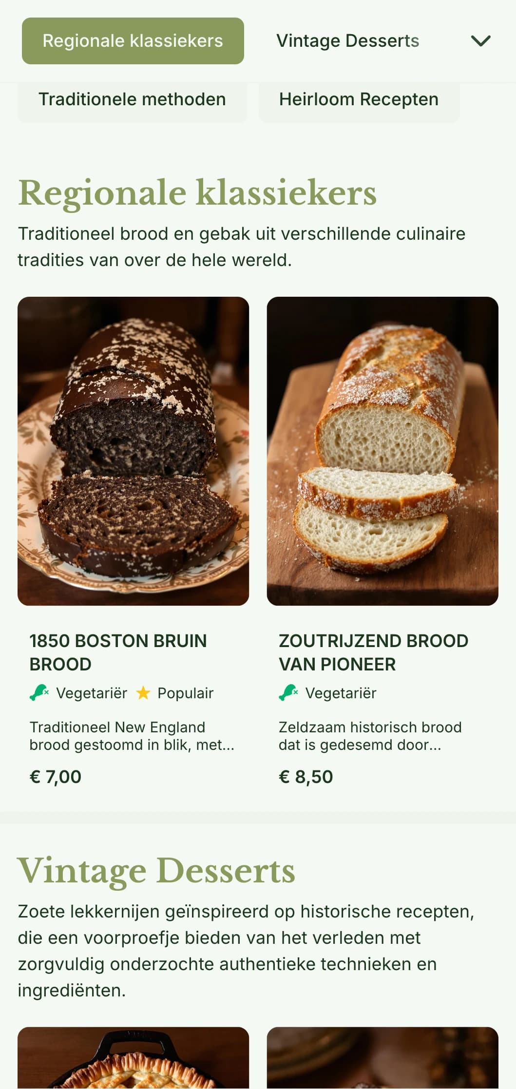 Een traditioneel, op erfstukken geïnspireerd menu-ontwerp voor bakkerijen met olijfgroene tinten en klassieke typografie, perfect voor bakkerijen die zich richten op historische recepten.