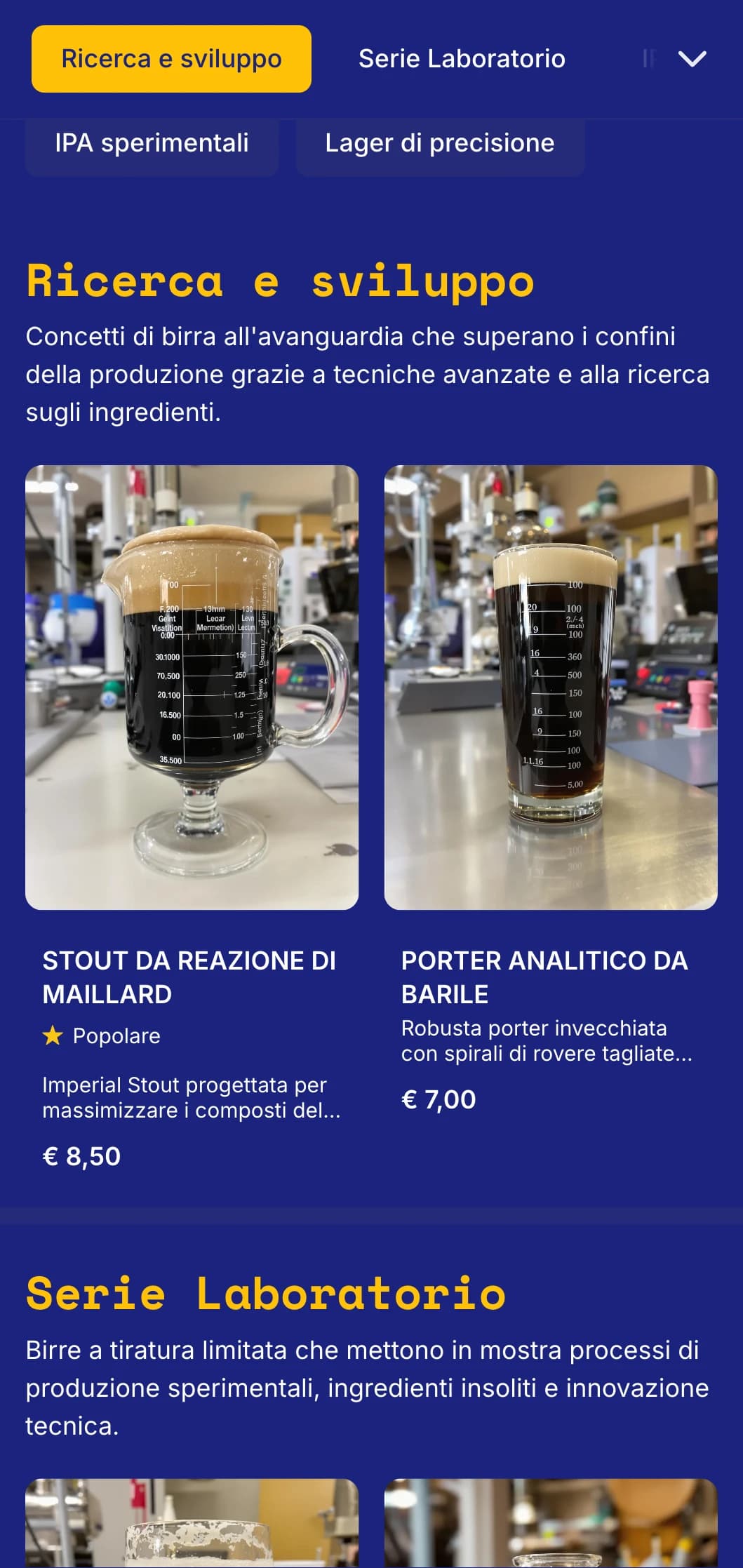Estetica scientifica moderna per birrifici sperimentali e laboratori di birra, con grafica di precisione e dettagli tecnici.