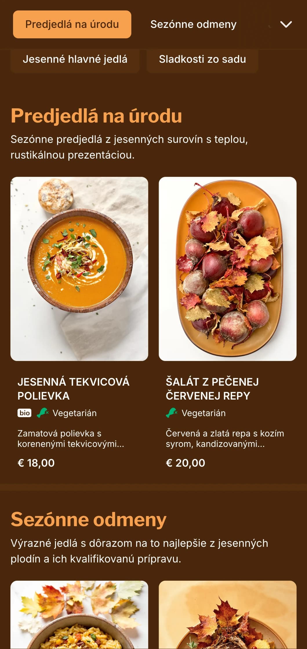 Teplé, jeseňou inšpirované večerné menu so sýtymi jantárovými tónmi, ideálne pre sezónnu kuchyňu a reštaurácie zamerané na úrodu.