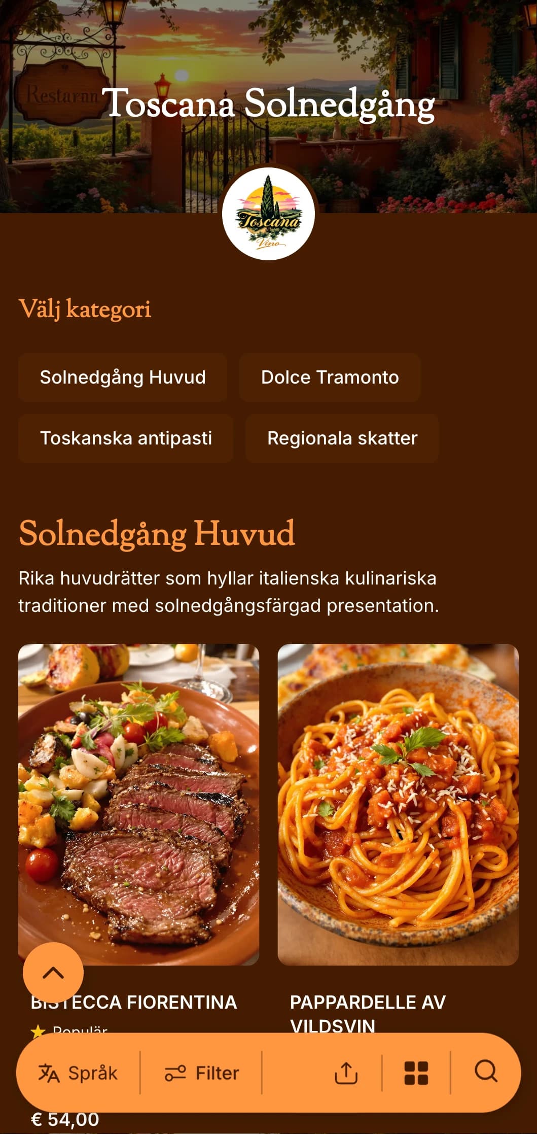 En varm, toscainspirerad middagsmeny med terrakottatoner och italienska designelement, perfekt för autentiska italienska restauranger.