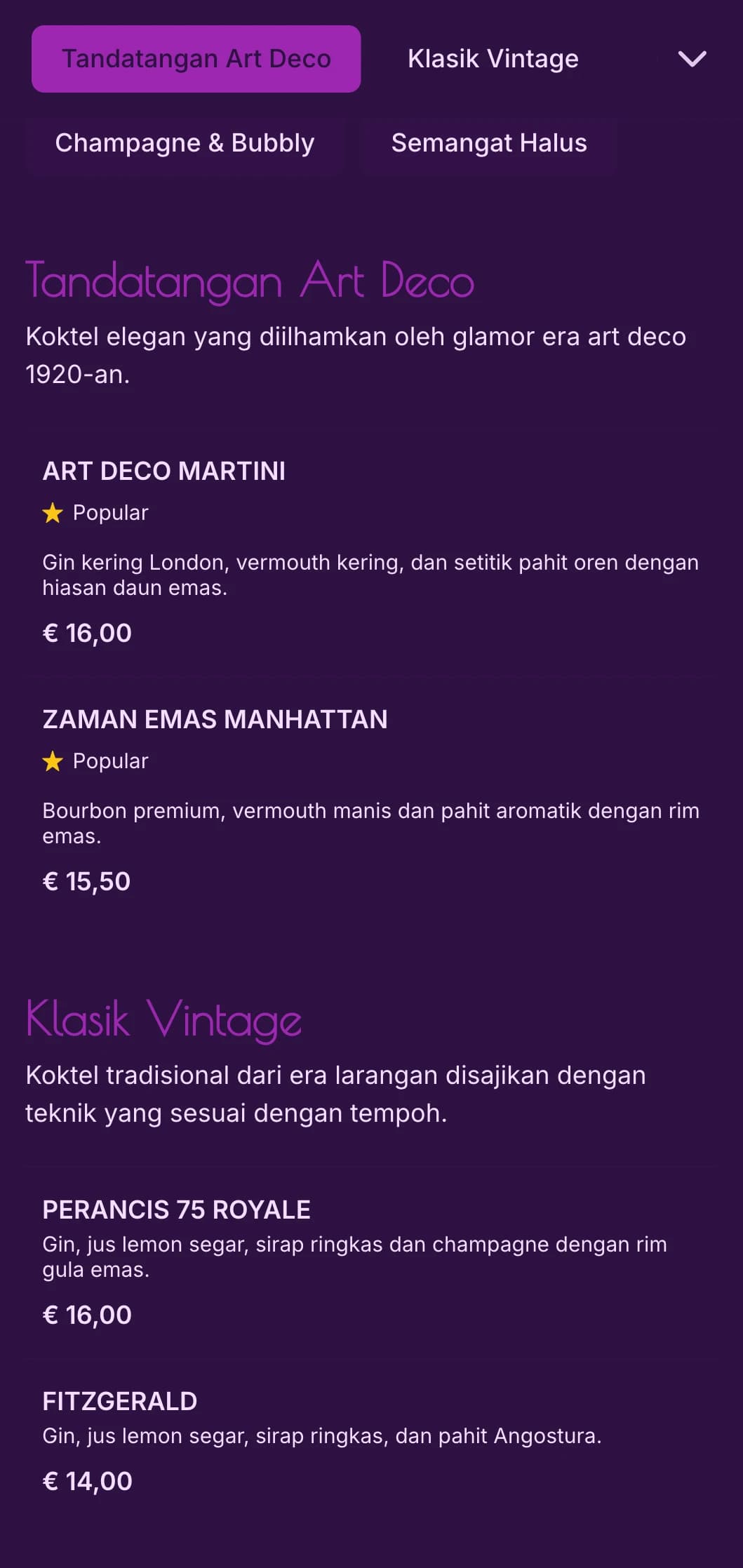 Reka bentuk ungu dan emas yang elegan diilhamkan oleh art deco tahun 1920-an untuk ruang istirahat koktel kelas atas.