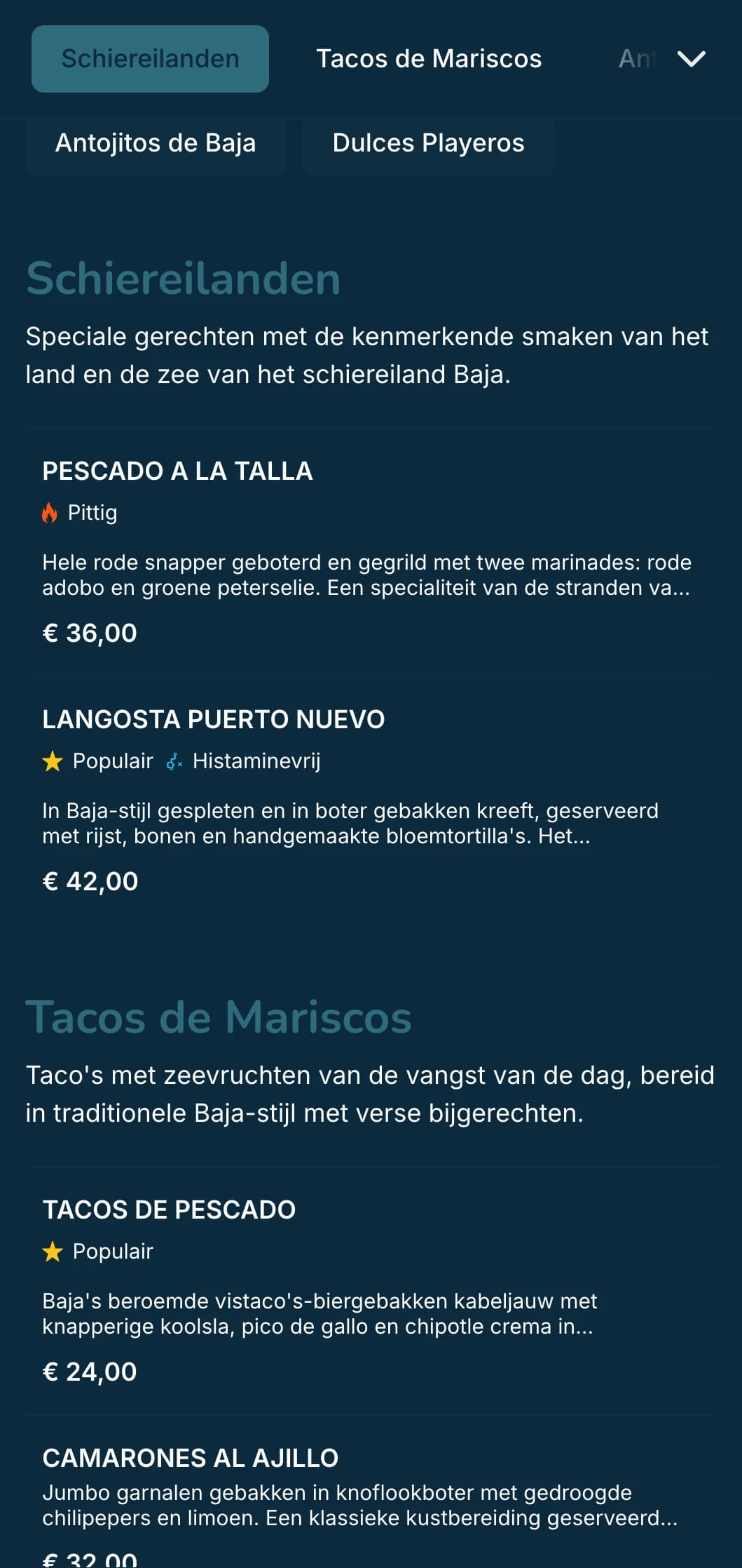 Licht en verfrissend Baja-geïnspireerd menu met taco's met zeevruchten, verse ingrediënten en kustblauwe accenten met een moderne strandvibe.