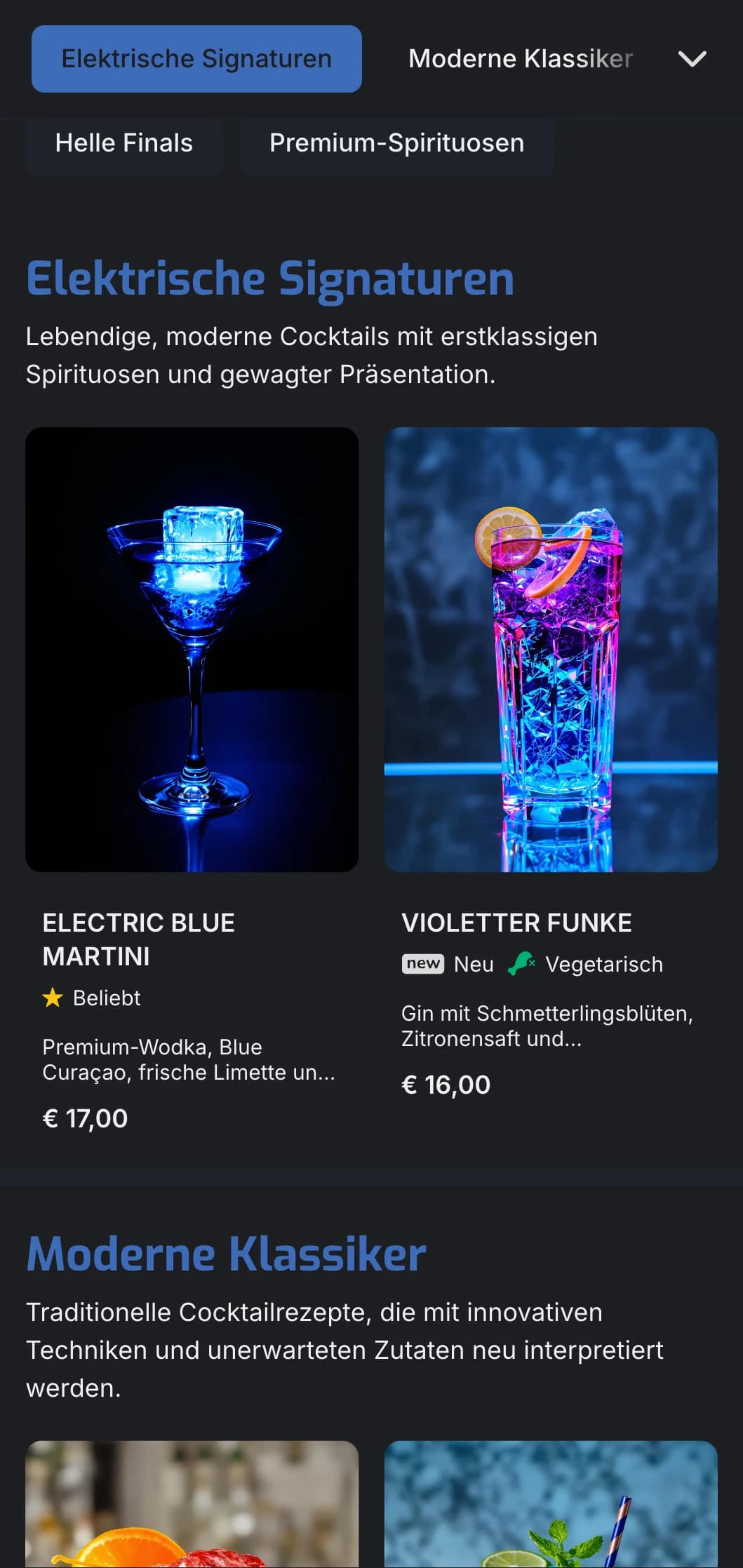 Ein lebendiges, zeitgemäßes Design für moderne Cocktailbars und Lounges mit elektro-blauen Akzenten und klarer Typografie.