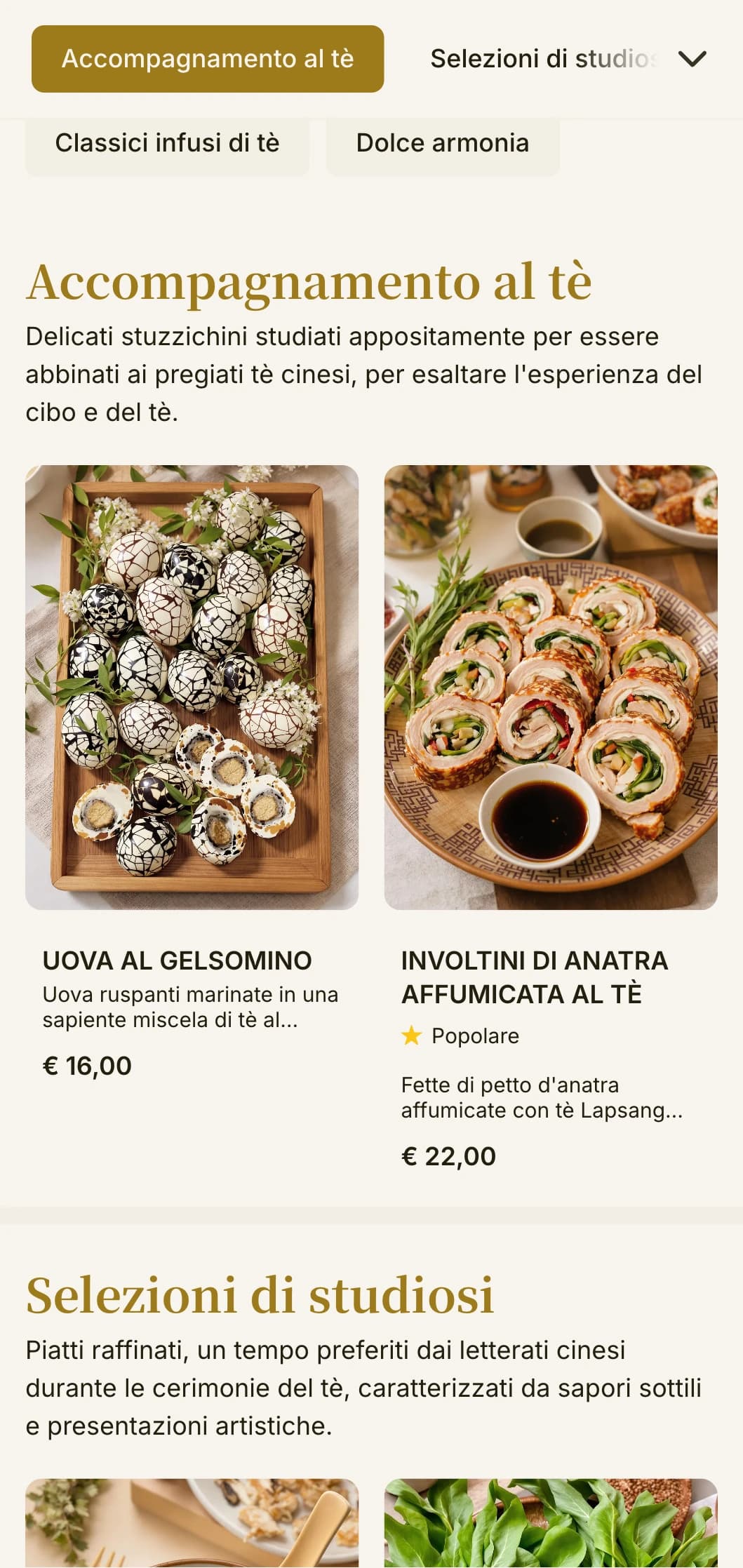 Raffinato design del menu cinese ispirato alle cerimonie del tè tradizionali, con una tipografia elegante ed elementi classici per gli abbinamenti con il tè.