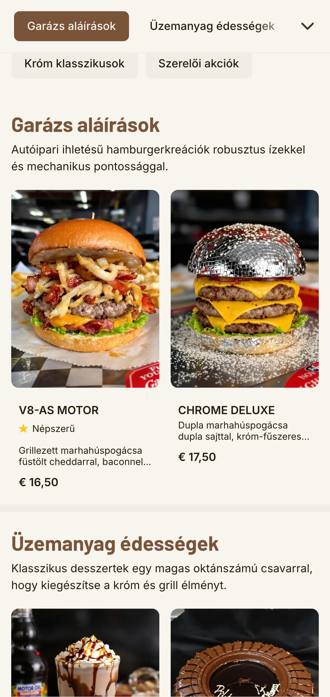 Klasszikus autó ihlette hamburger garázs autóipari elemekkel és vintage road trip nosztalgiával.