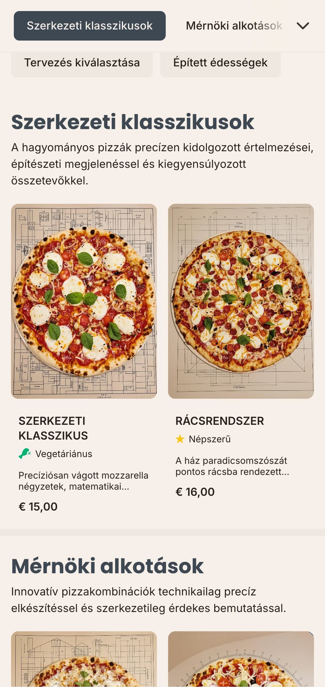 Építészeti ihletésű pizzamenü precíz elrendezéssel és technikai esztétikával.
