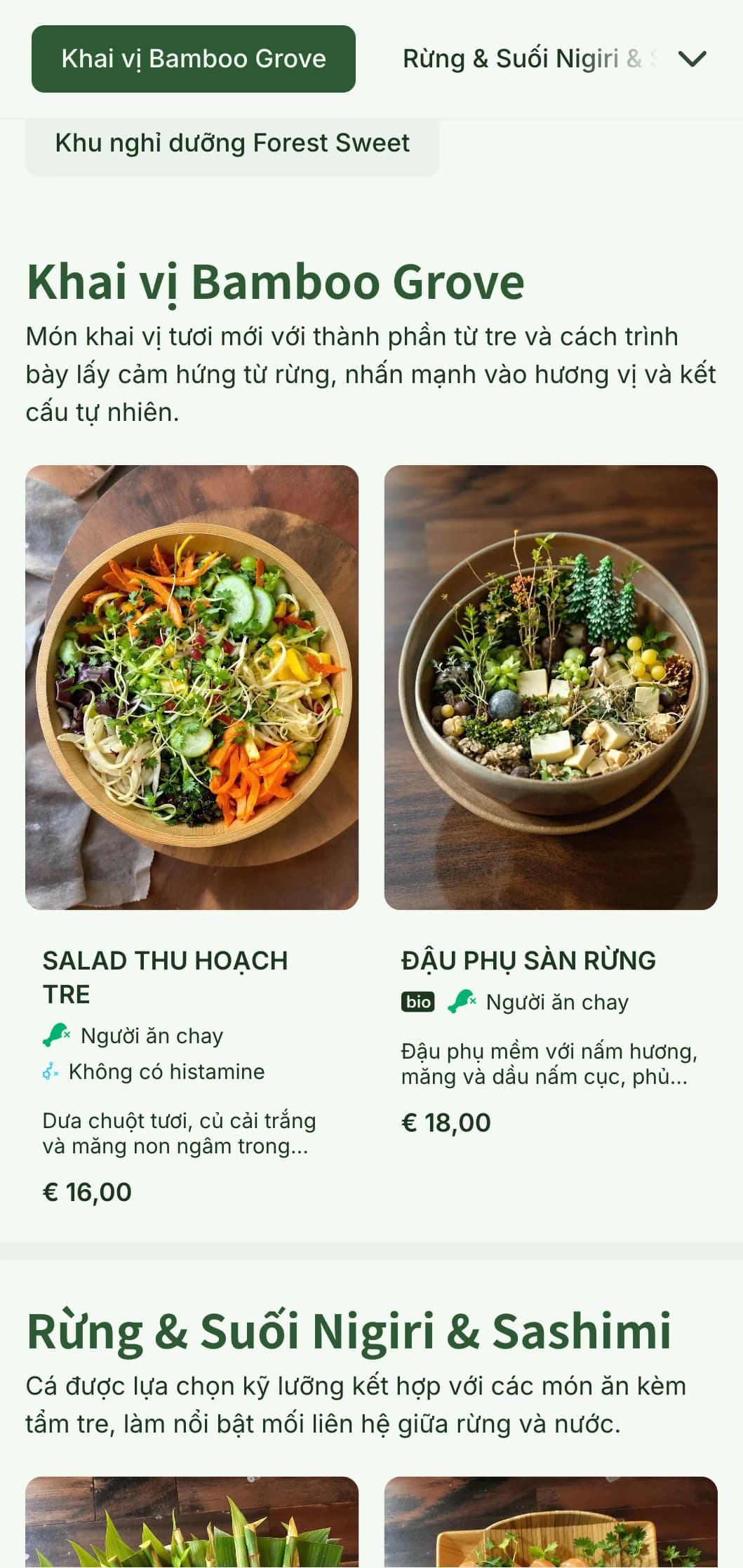 Thực đơn sushi tự nhiên lấy cảm hứng từ tre với tông màu xanh lá cây của rừng và các yếu tố hữu cơ cho những cơ sở đích thực.