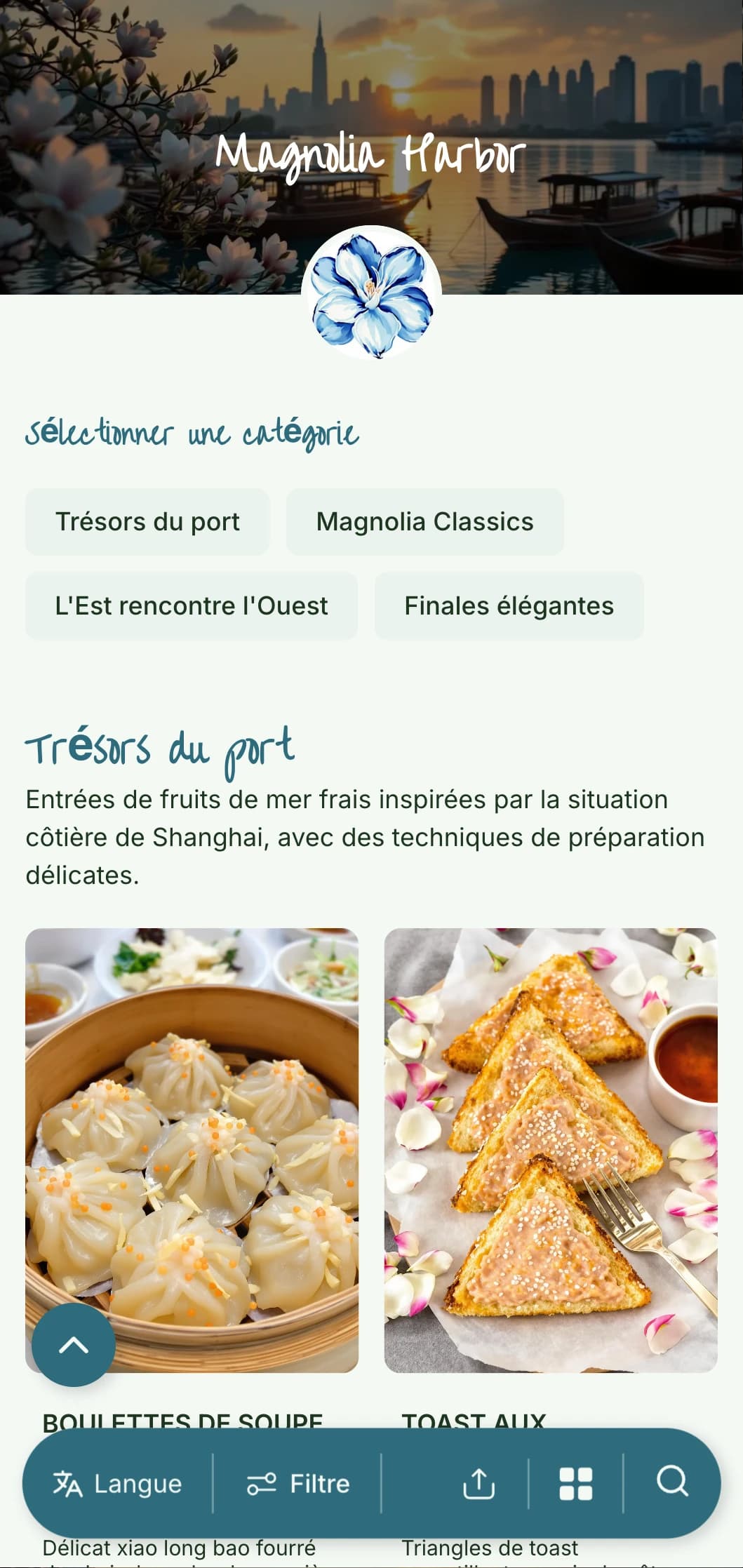 Menu chinois élégant inspiré de la cuisine de Shanghai et de l'esthétique du port, avec des accents floraux pour un dîner raffiné.