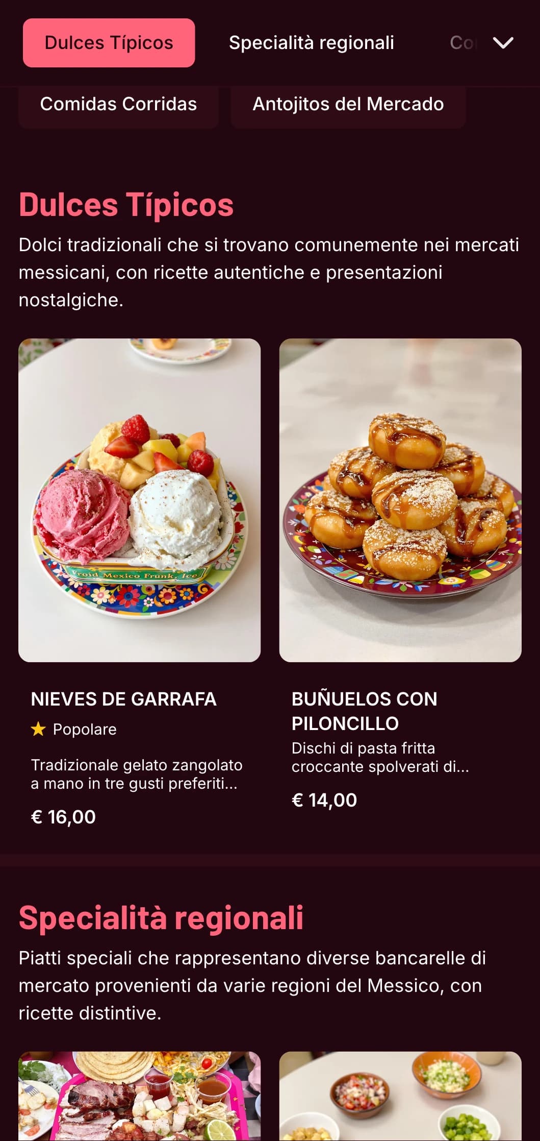 Menu colorato e autentico ispirato al mercato messicano, con accenti rosa acceso, ingredienti freschi e antojitos e cibi di strada tradizionali.