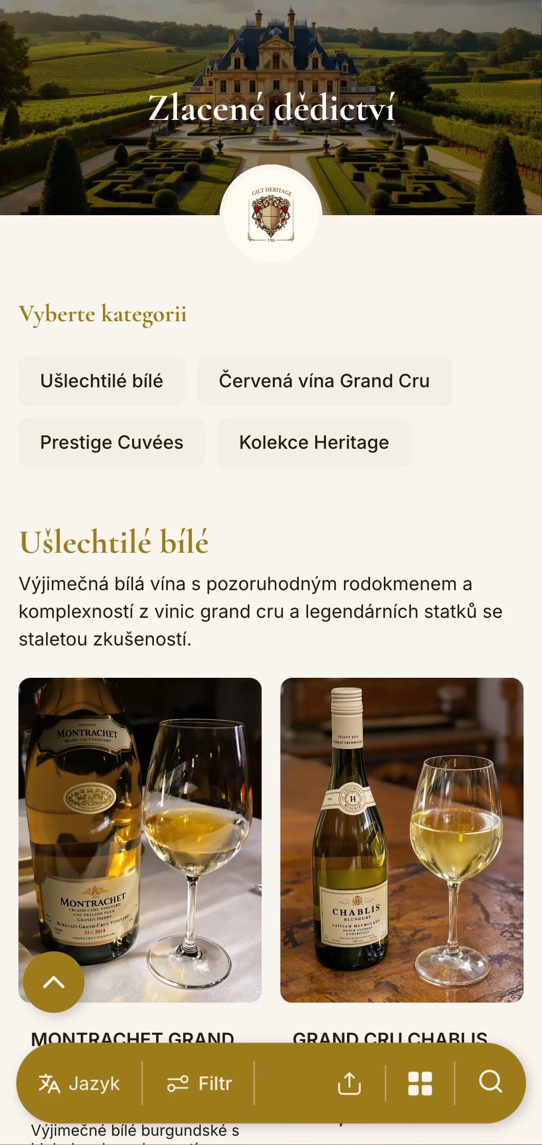 Luxusní tradiční šablona vinného lístku se zlatými akcenty a památkovými prvky, ideální pro zavedená vinařství a klasické fine dining restaurace.