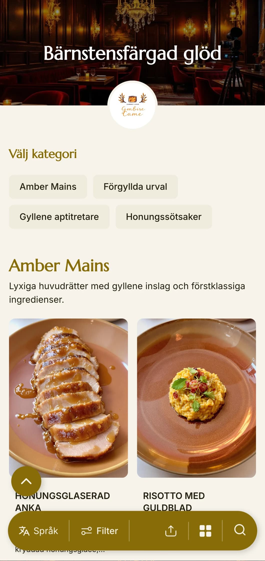 En varm, gyllene middagsmeny med bärnstensfärgade toner och rika texturer, utformad för intima kvällsmatställen.