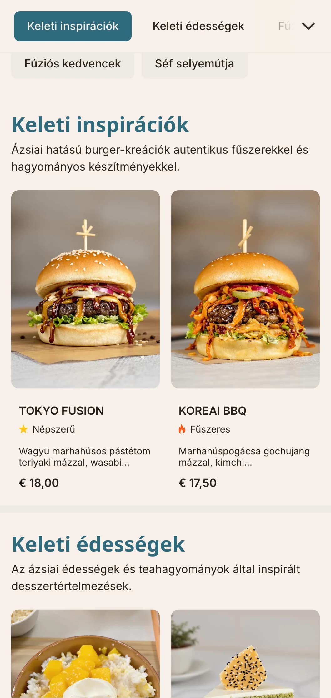 Kelet és Nyugat burgerfúziója ázsiai ihletésű ízekkel és kortárs megjelenéssel.