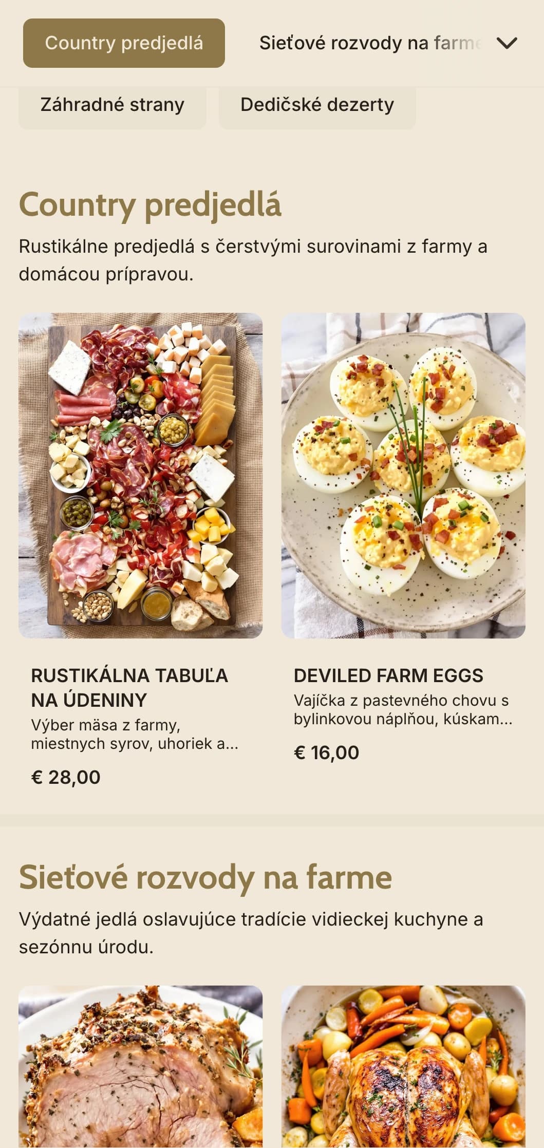 Plnohodnotný catering z farmy na stôl s miestnymi sezónnymi surovinami, obsluhou v rodinnom štýle a vidieckym šarmom pre vidiecke oslavy.