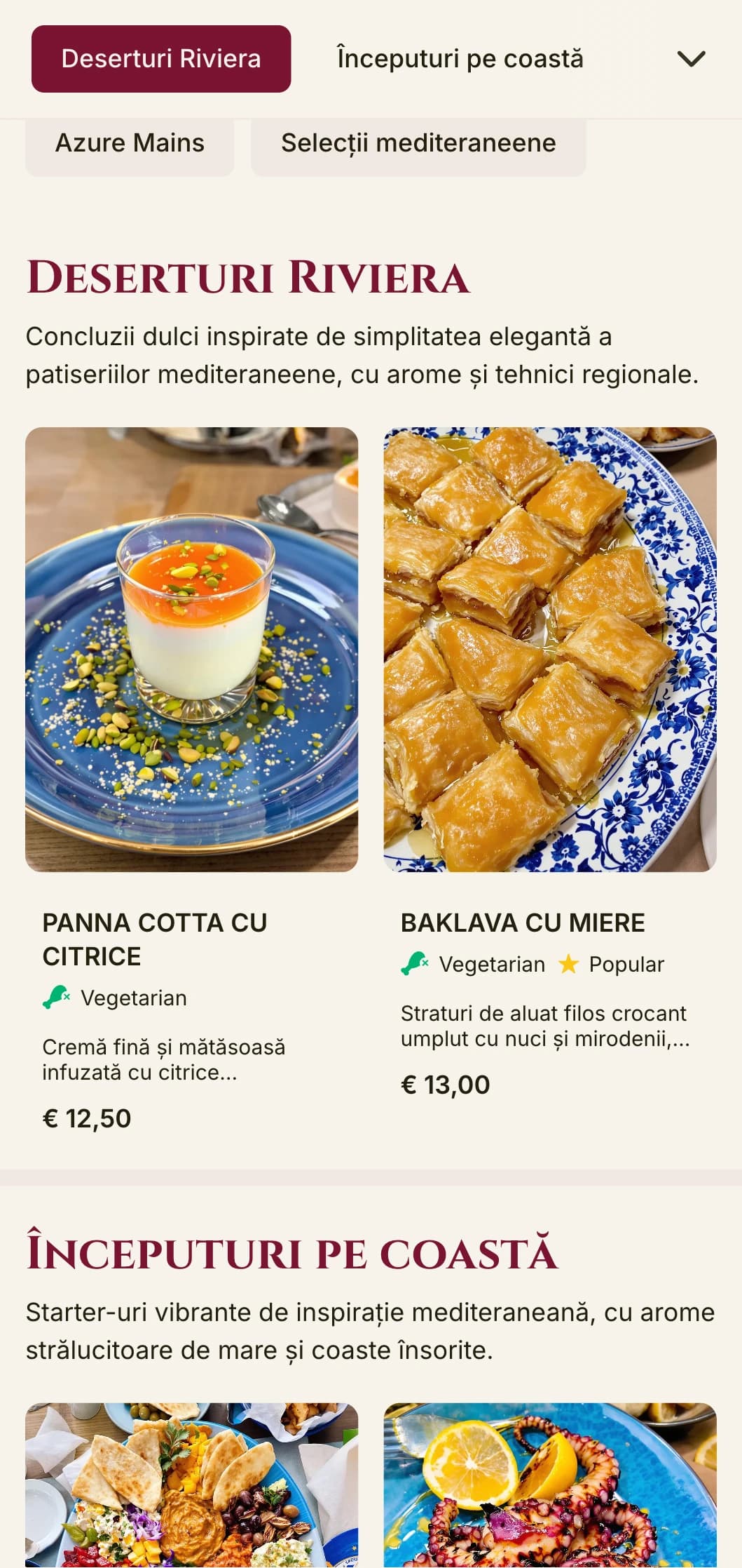 Meniu de prânz de inspirație mediteraneană, cu accente vibrante și aspect elegant, perfect pentru restaurante de lux de pe litoral și destinații de vacanță.