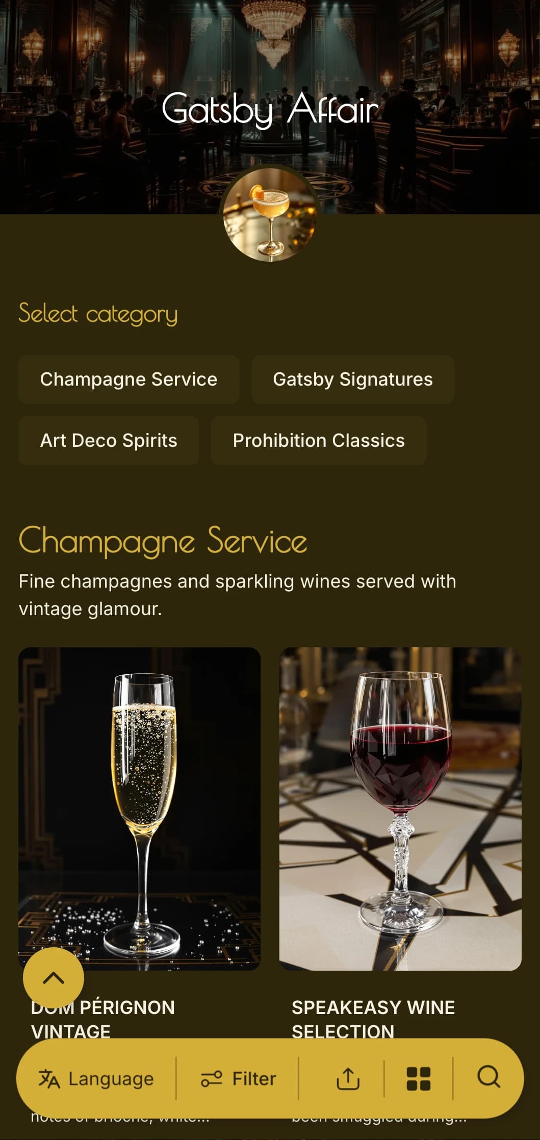 Glamorous gold and black design with authentic 1920s patterns for upscale lounges.