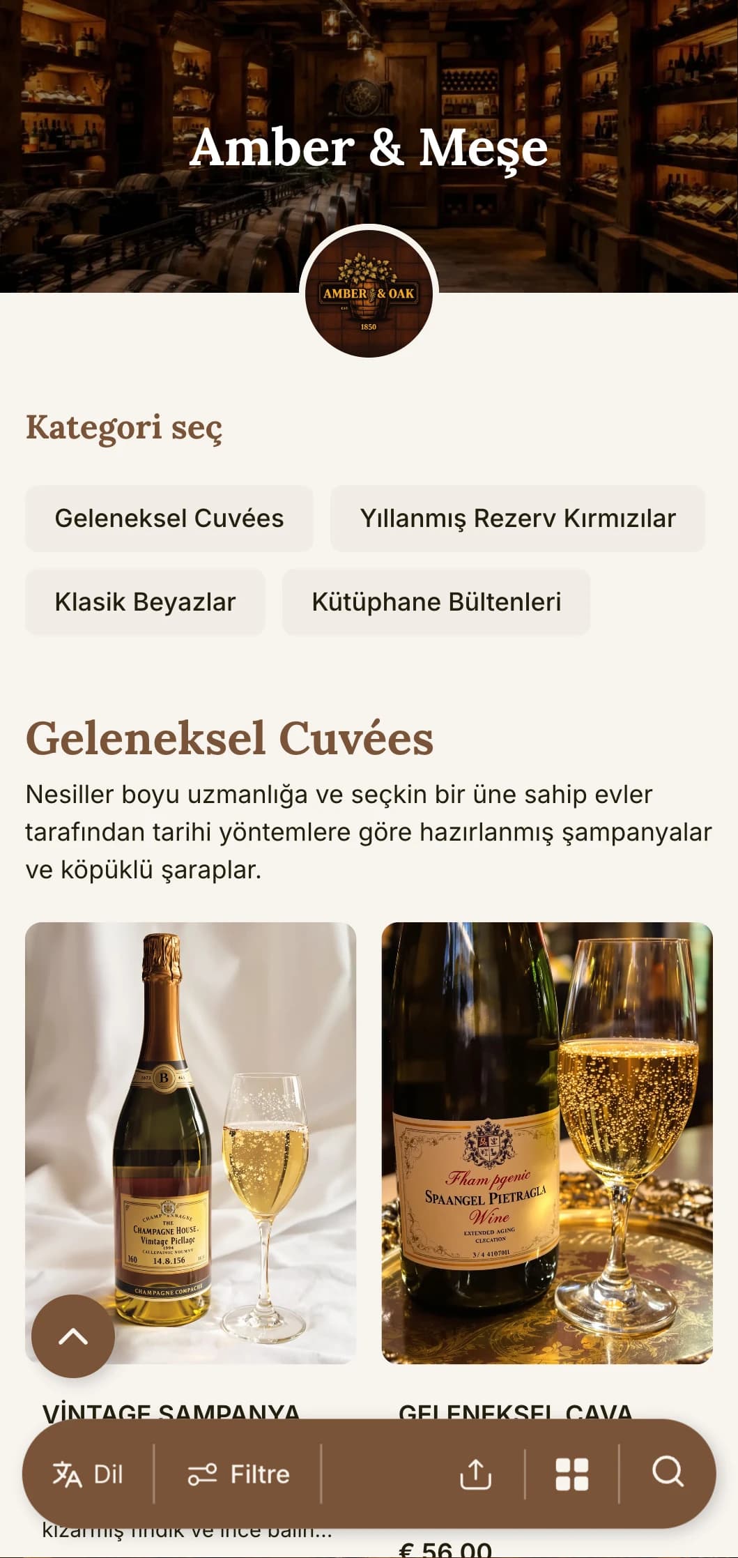 Kehribar ve meşe vurguları ile sıcak geleneksel şarap listesi şablonu, mahzen programları olan köklü şarap imalathaneleri ve miras restoranları için mükemmeldir.