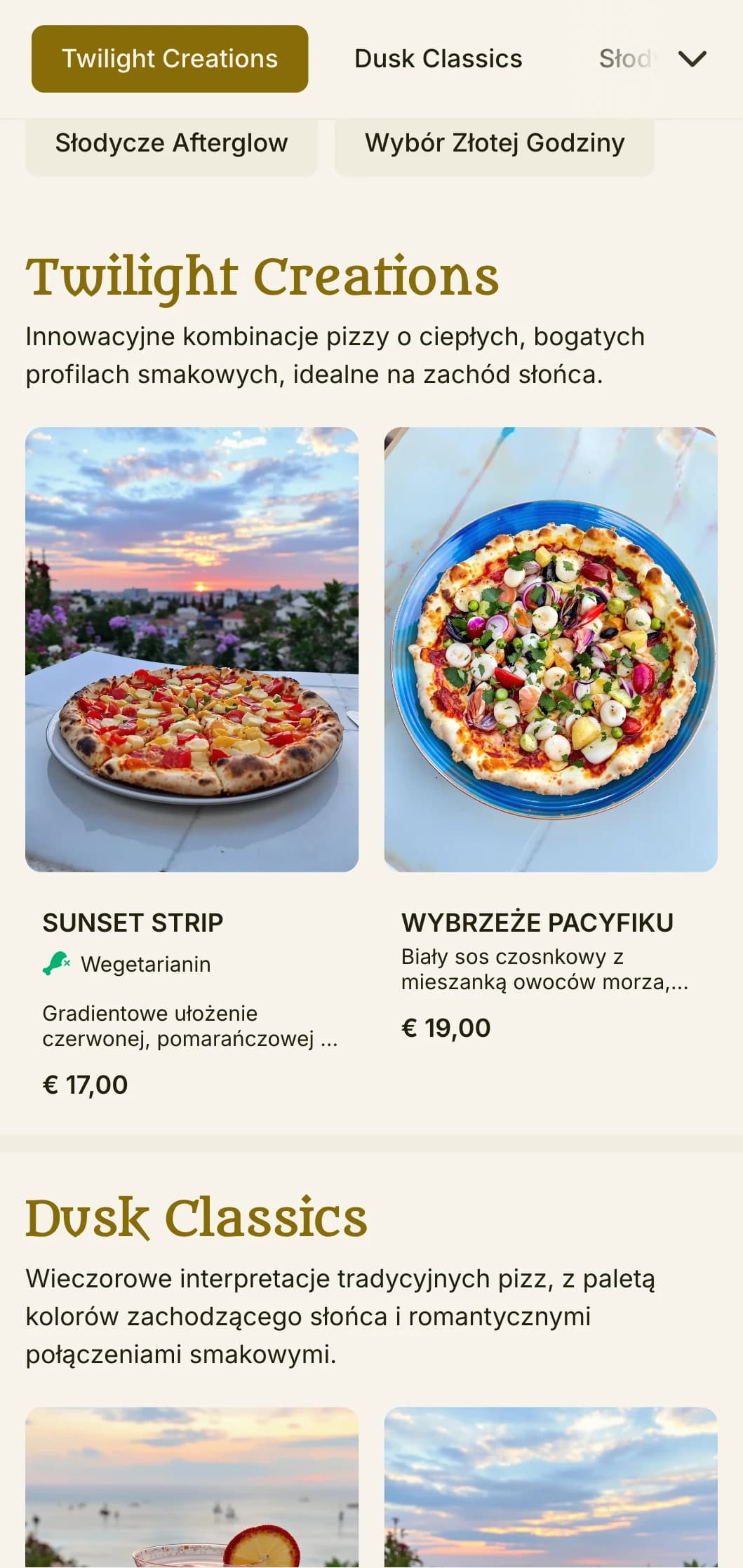 Menu pizzy o tematyce wieczornej z paletą kolorów zachodu słońca i romantycznymi elementami.