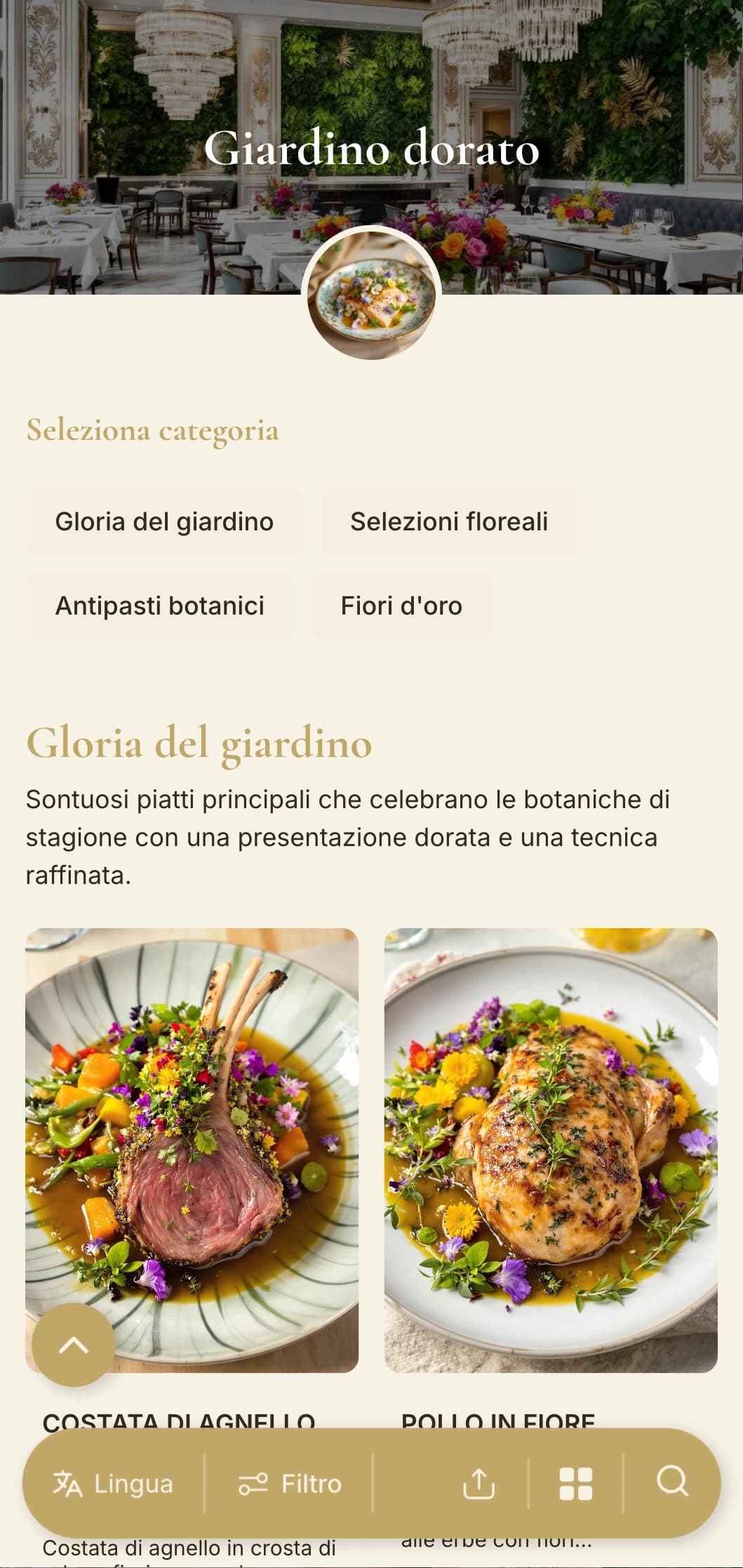 Opulento concetto botanico che combina il verde lussureggiante con accenti dorati e raffinati elementi ispirati al giardino.