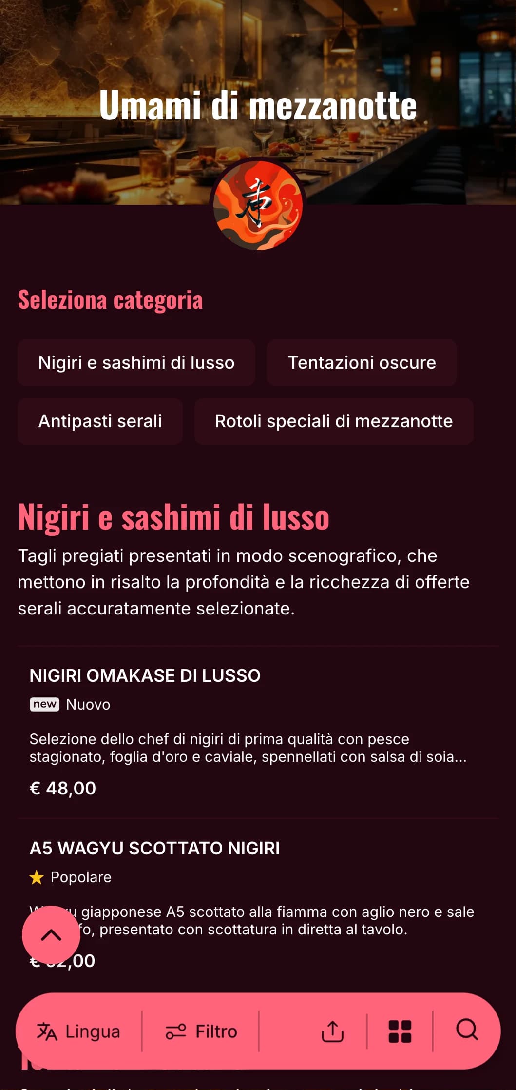Lussuosa esperienza di sushi a tarda notte con contrasti audaci, caratterizzata da ricchi accenti bordeaux e luminosi su uno sfondo profondo.