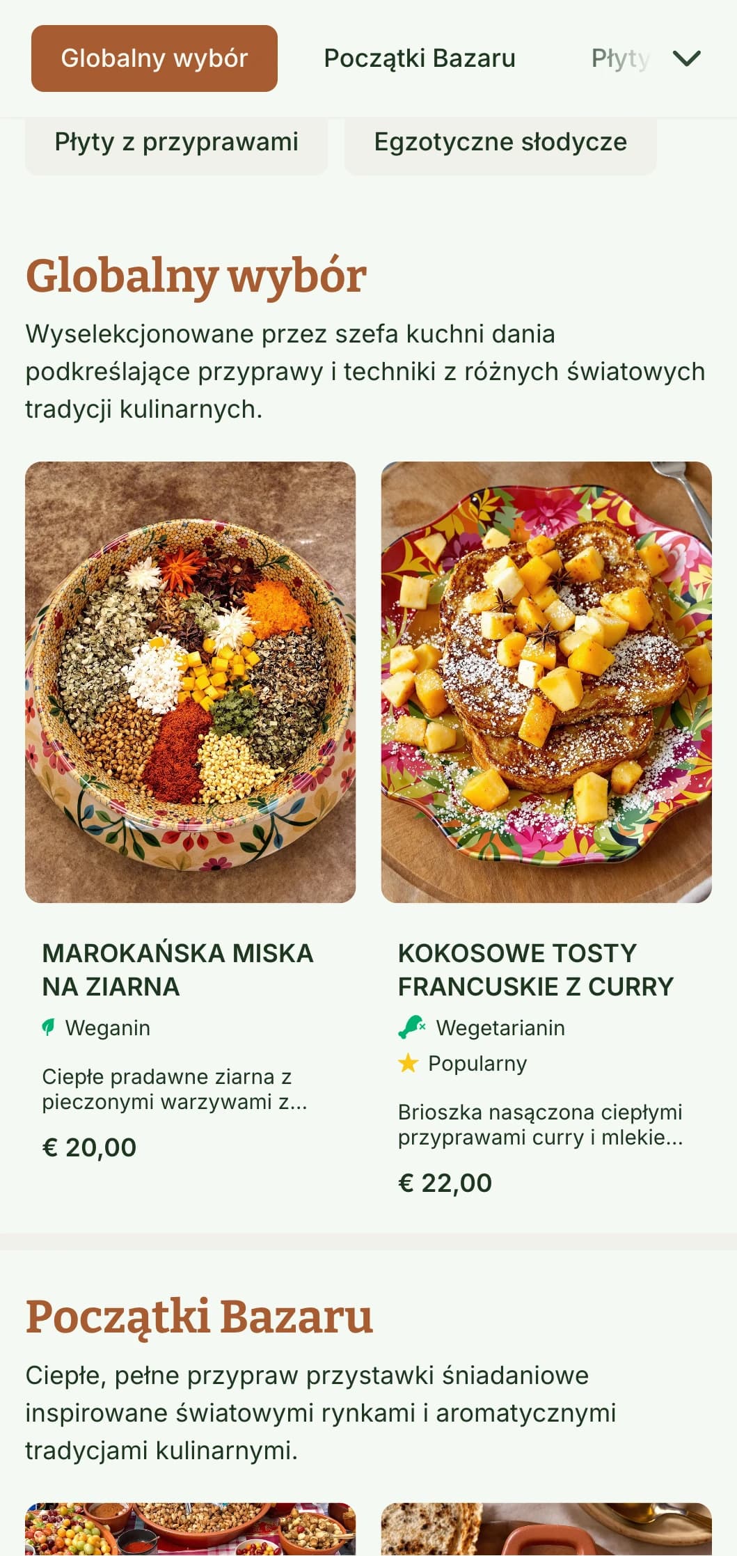 Ciepły, inspirowany przyprawami szablon brunchowy o bogatej kolorystyce, idealny do kawiarni oferujących globalne smaki śniadaniowe i pikantne potrawy.