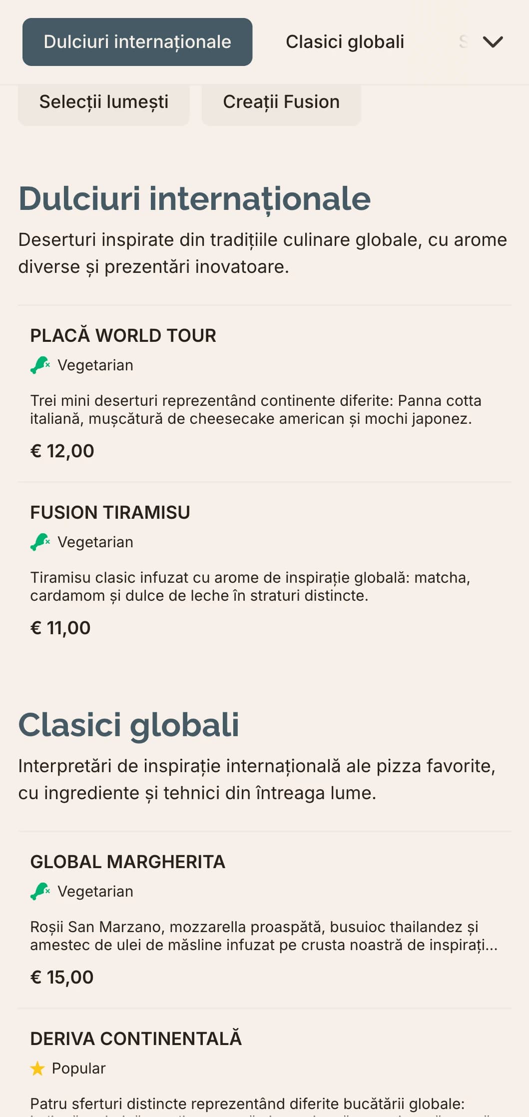 Meniu global de pizza fusion cu design contemporan pentru combinații inovatoare de arome.