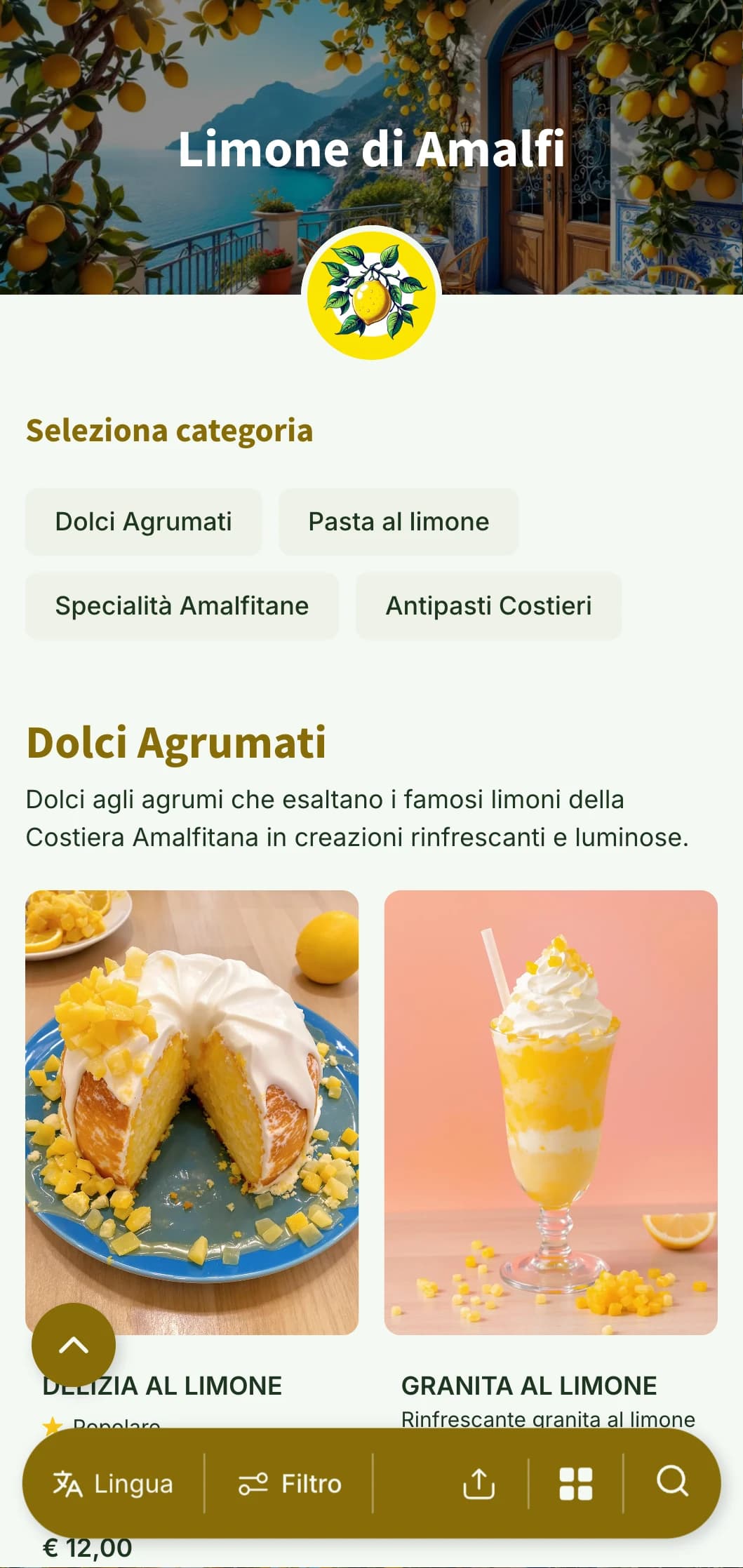 Design luminoso e arioso ispirato alla Costiera Amalfitana con motivi di limoni e accenti di blu mediterraneo.