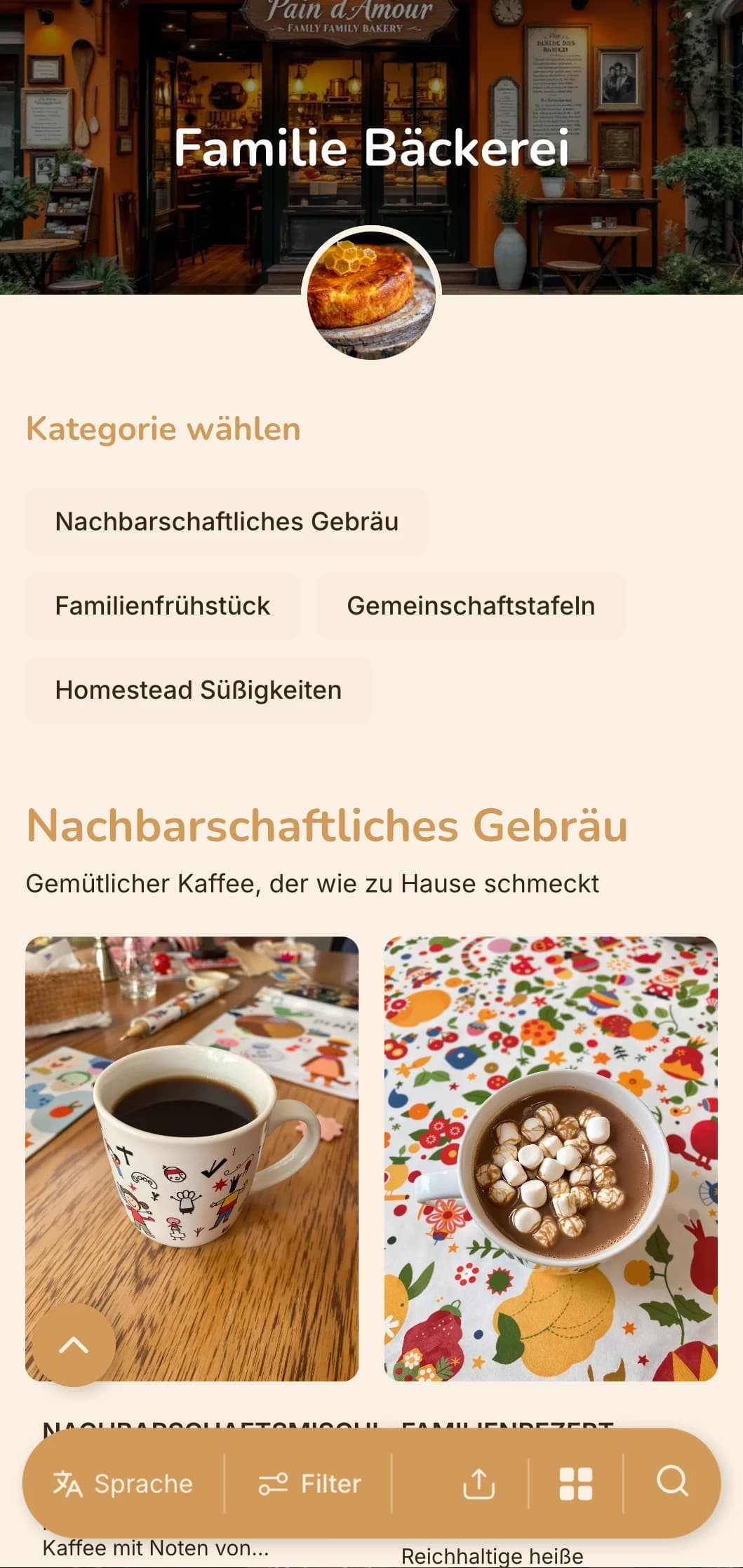 Warmes orangefarbenes Design mit heimeligen Elementen für familiengeführte Bäckereien und Cafés in der Nachbarschaft.