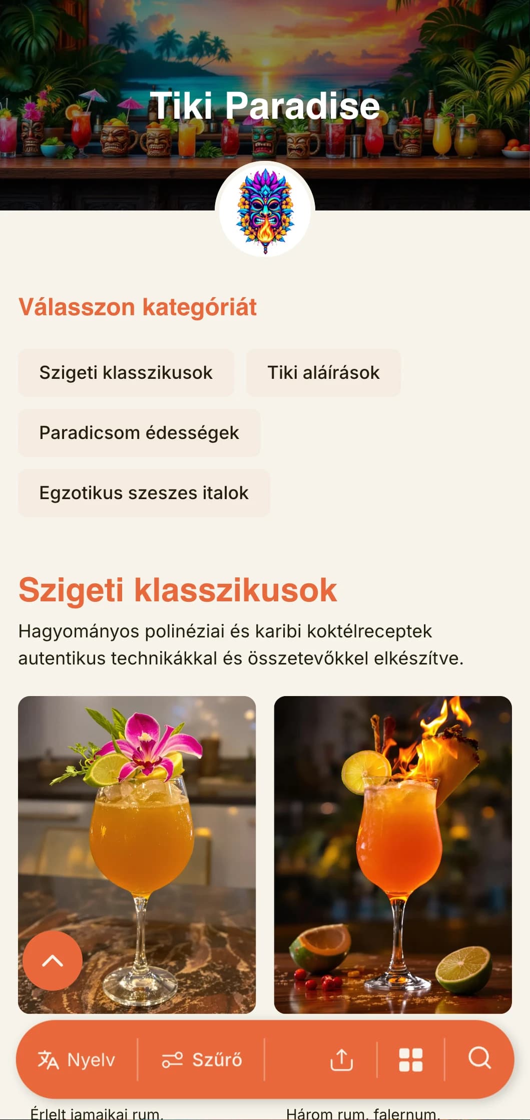 Egzotikus, vibráló design tiki bárok és trópusi koktélbárok számára, játékos tipográfiával és meleg színekkel.