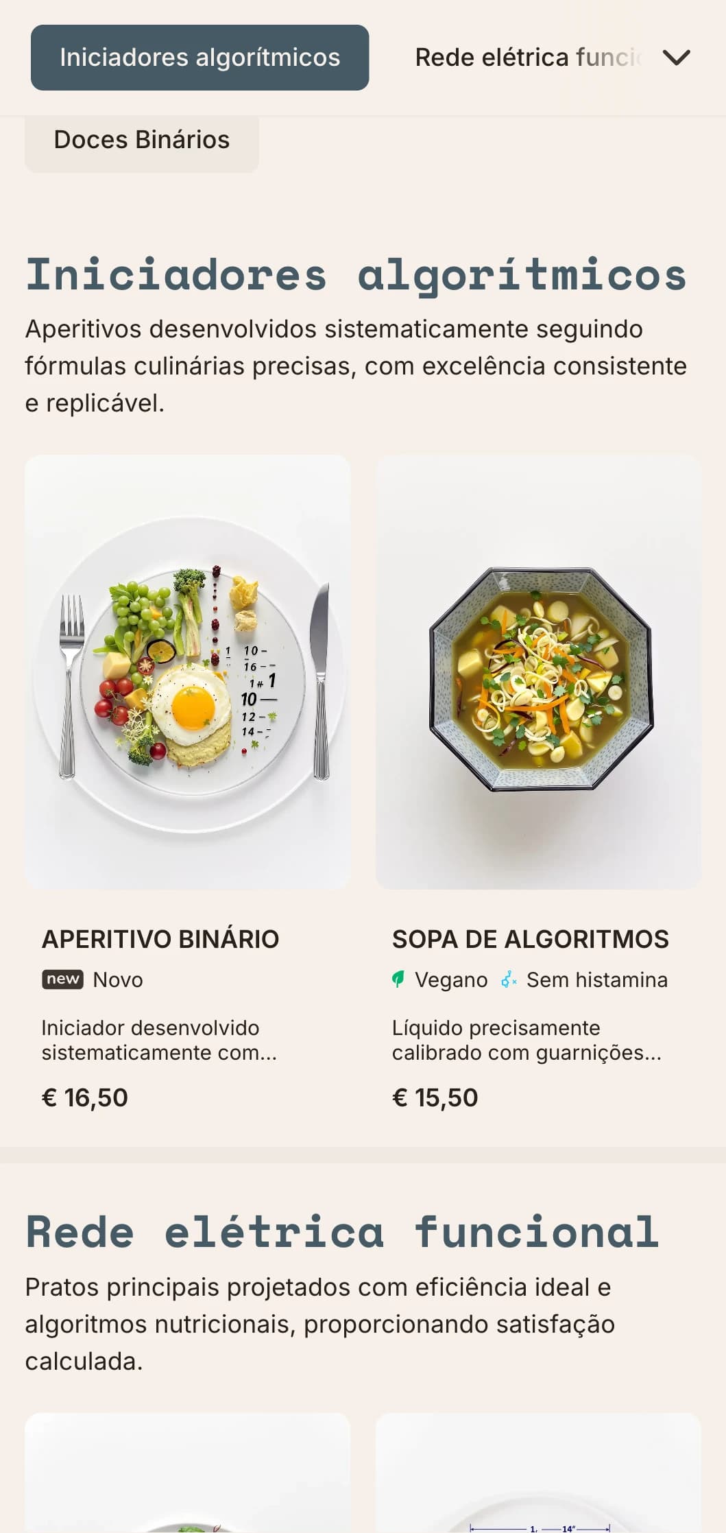 Design de cardápio de almoço técnico e focado em funções, com elementos matemáticos e layout sistemático, perfeito para restaurantes orientados para a precisão e restaurantes conceituais.