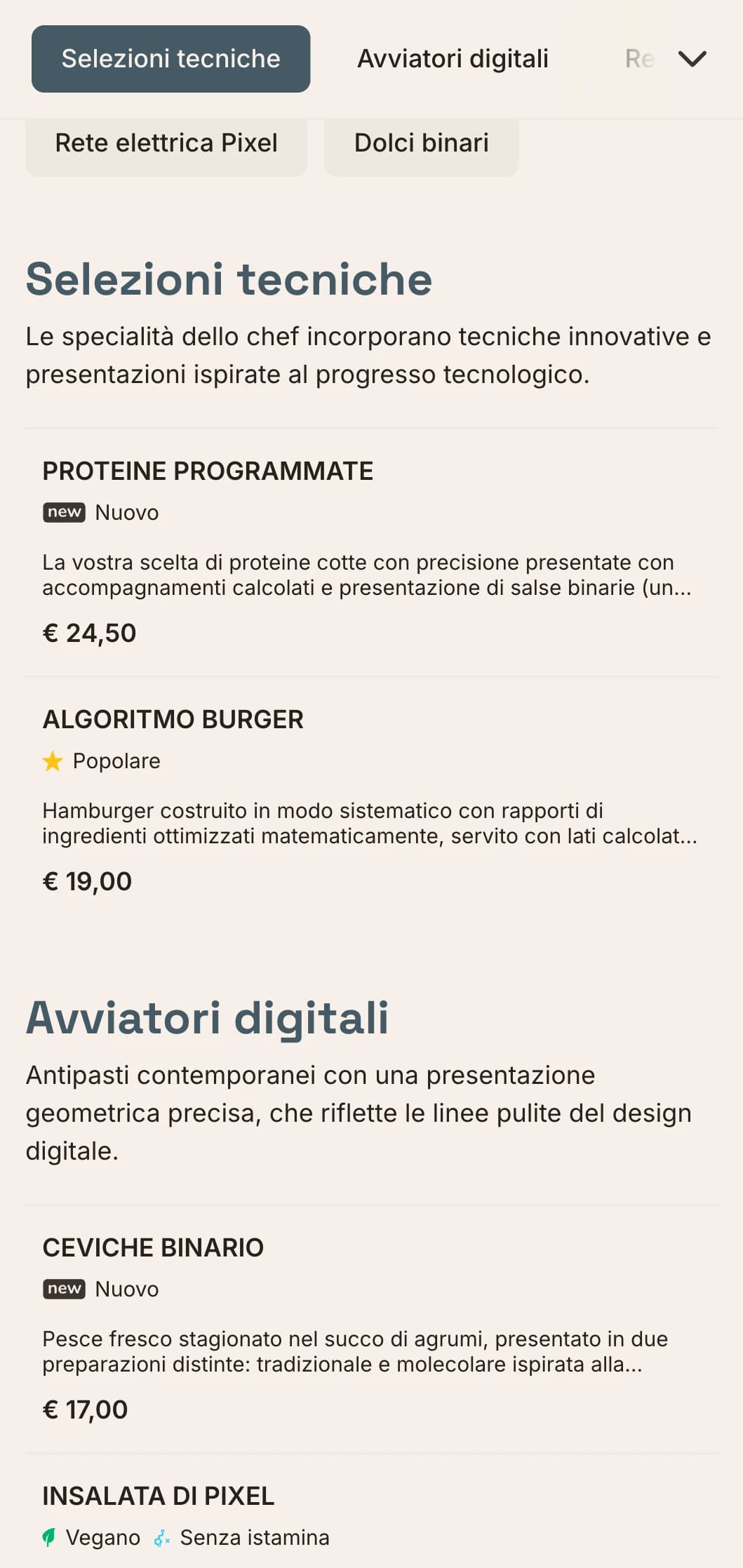 Design del menu del pranzo di ispirazione digitale con estetica tecnologica e layout preciso a griglia, perfetto per i ristoranti nei distretti dell'innovazione e vicino alle aziende tecnologiche.