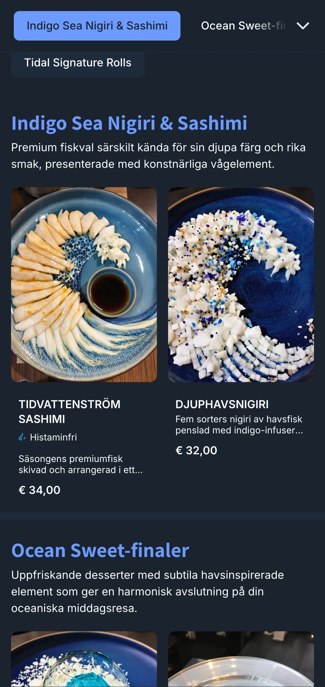 Havsinspirerad sushimeny med djupa indigofärgade vågor och modern design för fisk- och skaldjursinriktade restauranger.