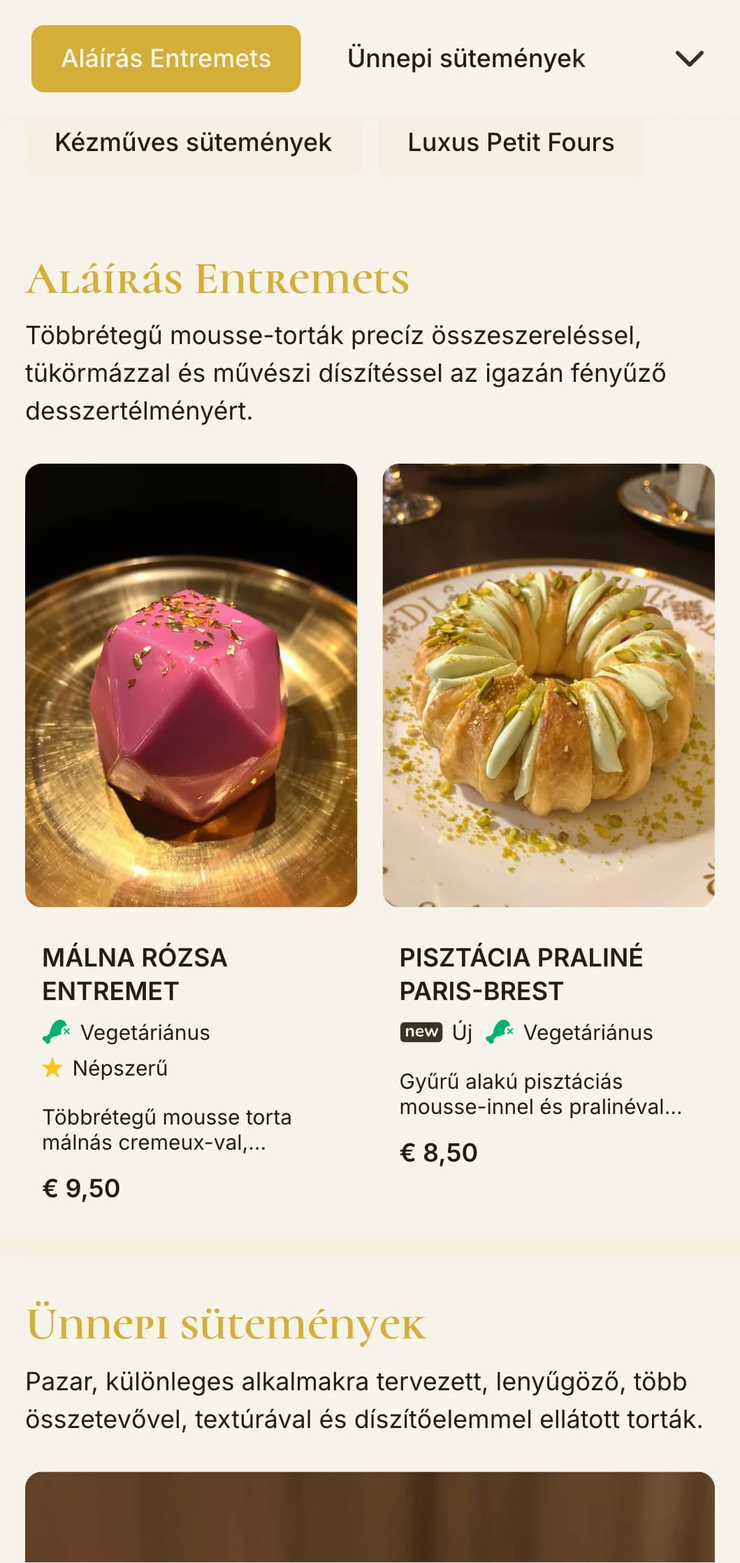 Egy pazar, aranybetétes pékségi menüterv gazdag színekkel és kifinomult tipográfiával, amely ideális a felső kategóriás cukrászdák és luxus desszertboltok számára.