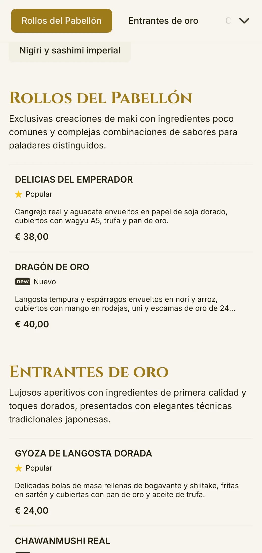 Lujosa carta de sushi con acento dorado inspirada en el famoso templo de Kioto, con elegante tipografía y elementos tradicionales.