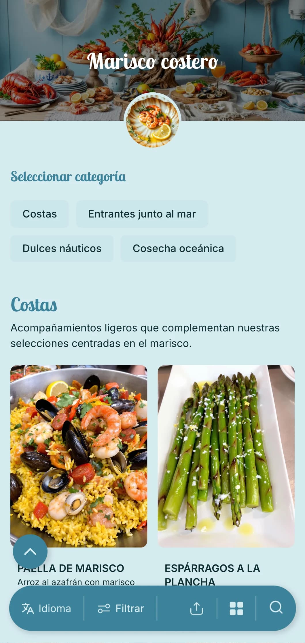 Catering centrado en el marisco fresco con capturas oceánicas, elementos náuticos y presentación costera para eventos en la playa y amantes del marisco.