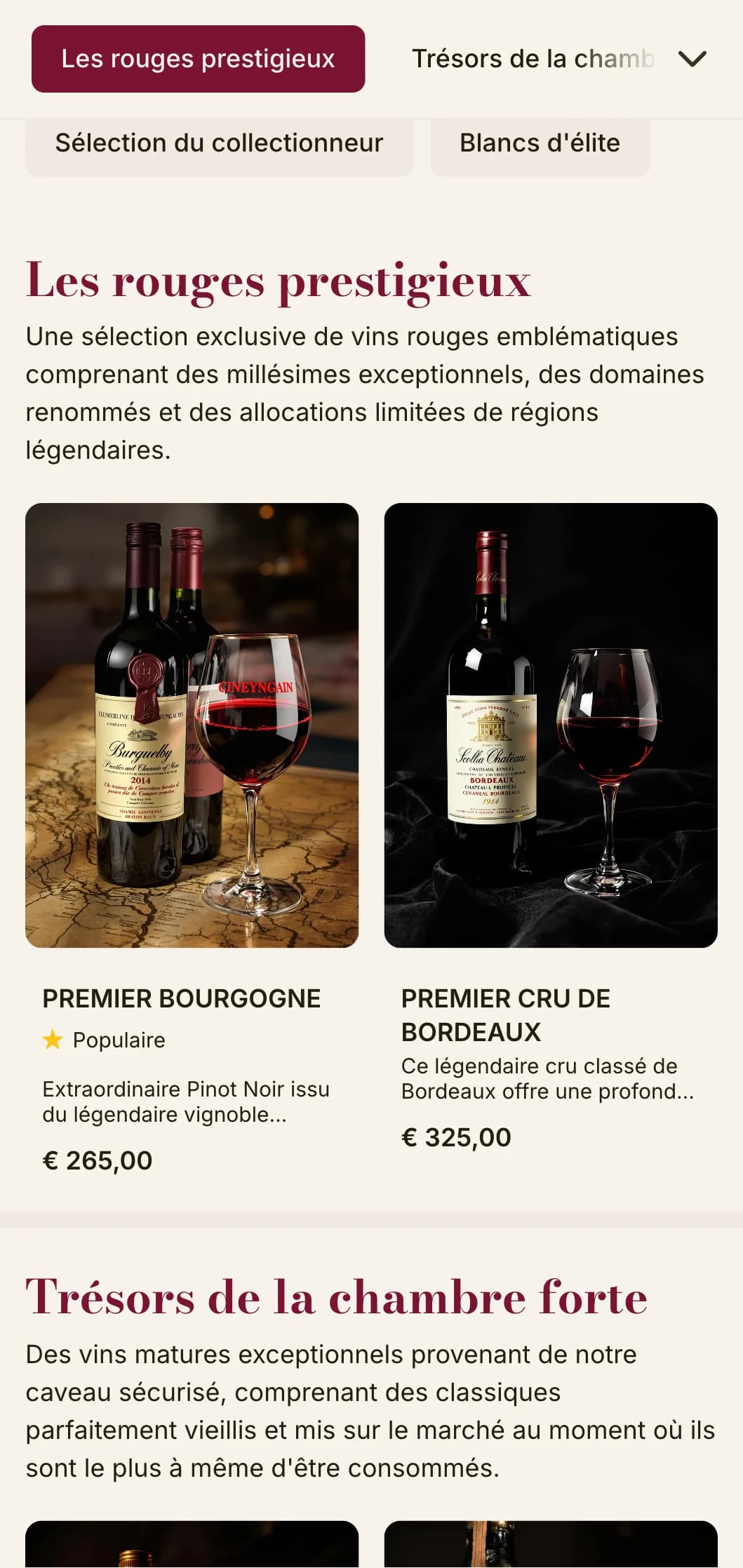 Modèle de carte des vins spectaculairement luxueux avec des accents rouges profonds et une typographie sophistiquée, idéal pour les caves à vin haut de gamme et les restaurants exclusifs.
